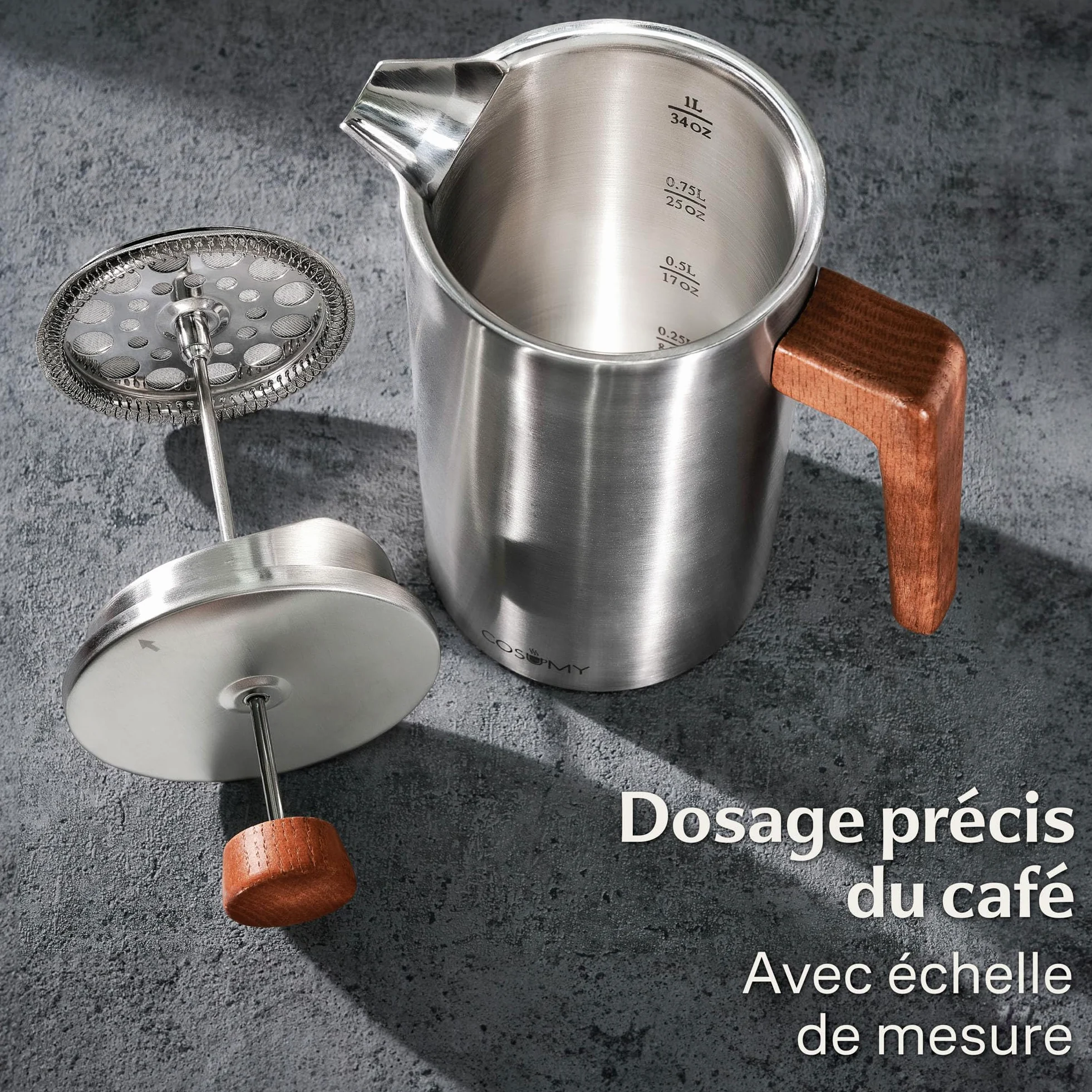Cosumy Cafetière à Piston Inox 1l pour 5 Tasses - Double Paroi Isolante - Garde le café chaud - Acier Inoxydable et Bois de chêne FSC