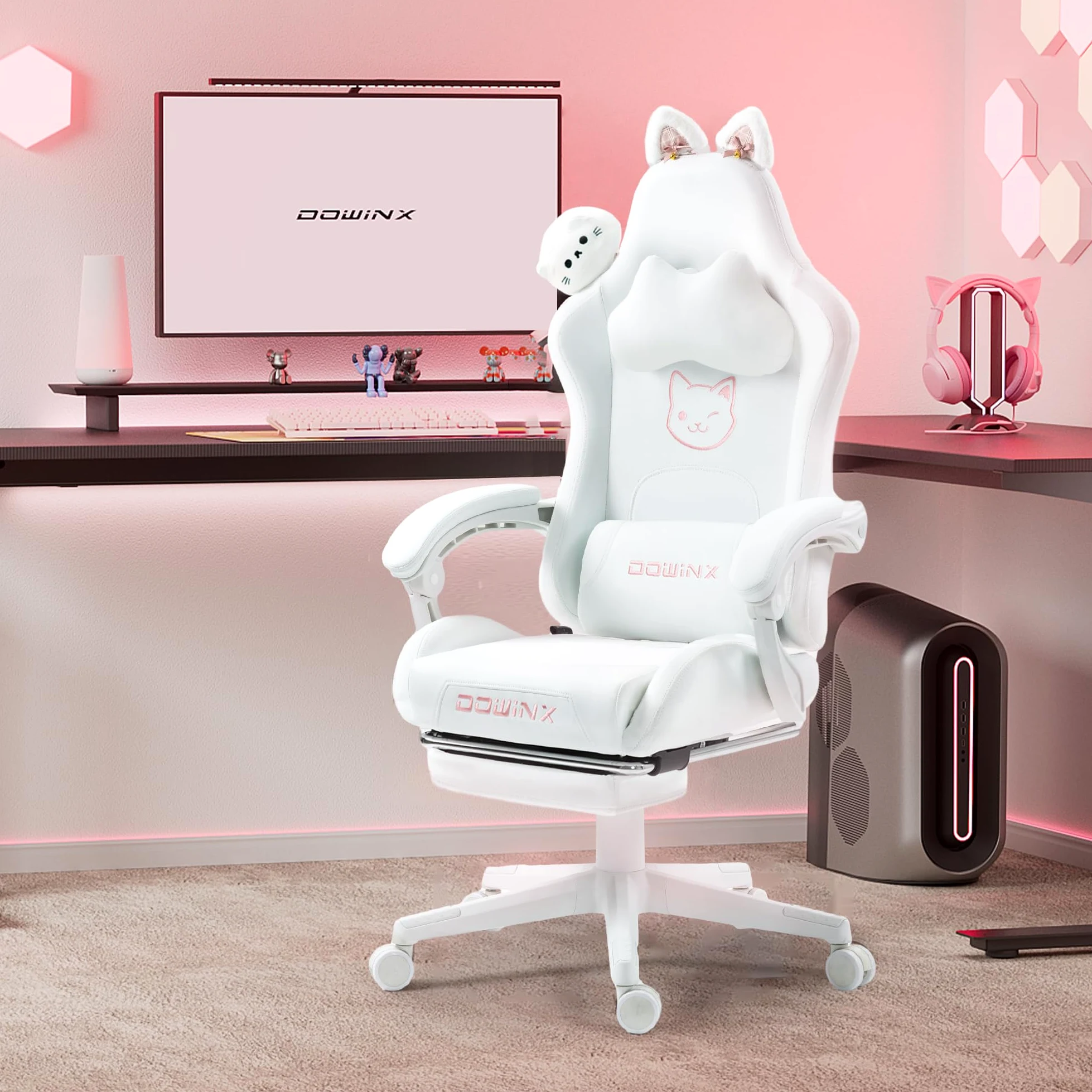 Dowinx Chaise de jeu/d’ordinateur, édition chat mignon blanc, ergonomique, avec dossier haut et soutien lombaire, repose-pieds, en cuir synthétique