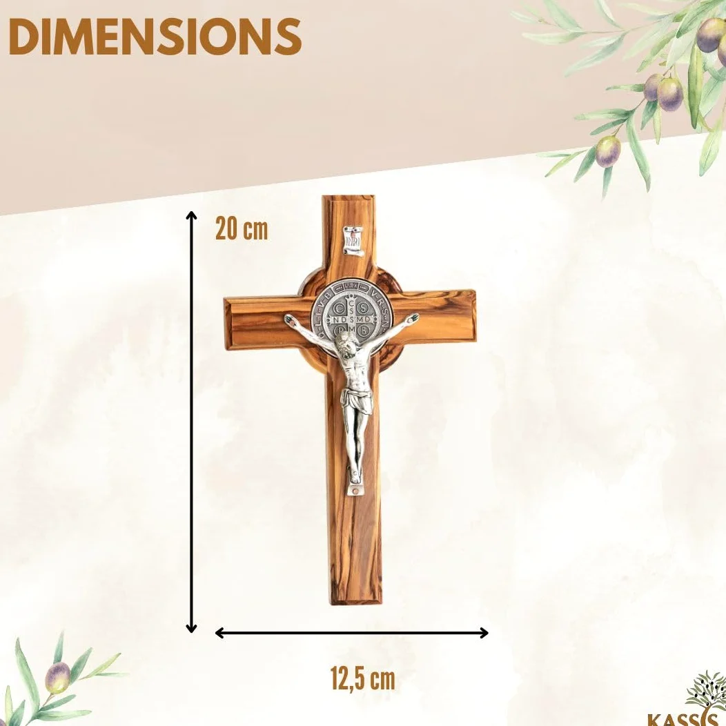 Kassis Geschenkartikel Croix de Saint Benoît en bois d'olivier – Croix murale chrétienne faite main à Bethléem pour baptême et communion – 20 x 12,5 cm (sans gravure), Saint Benoît