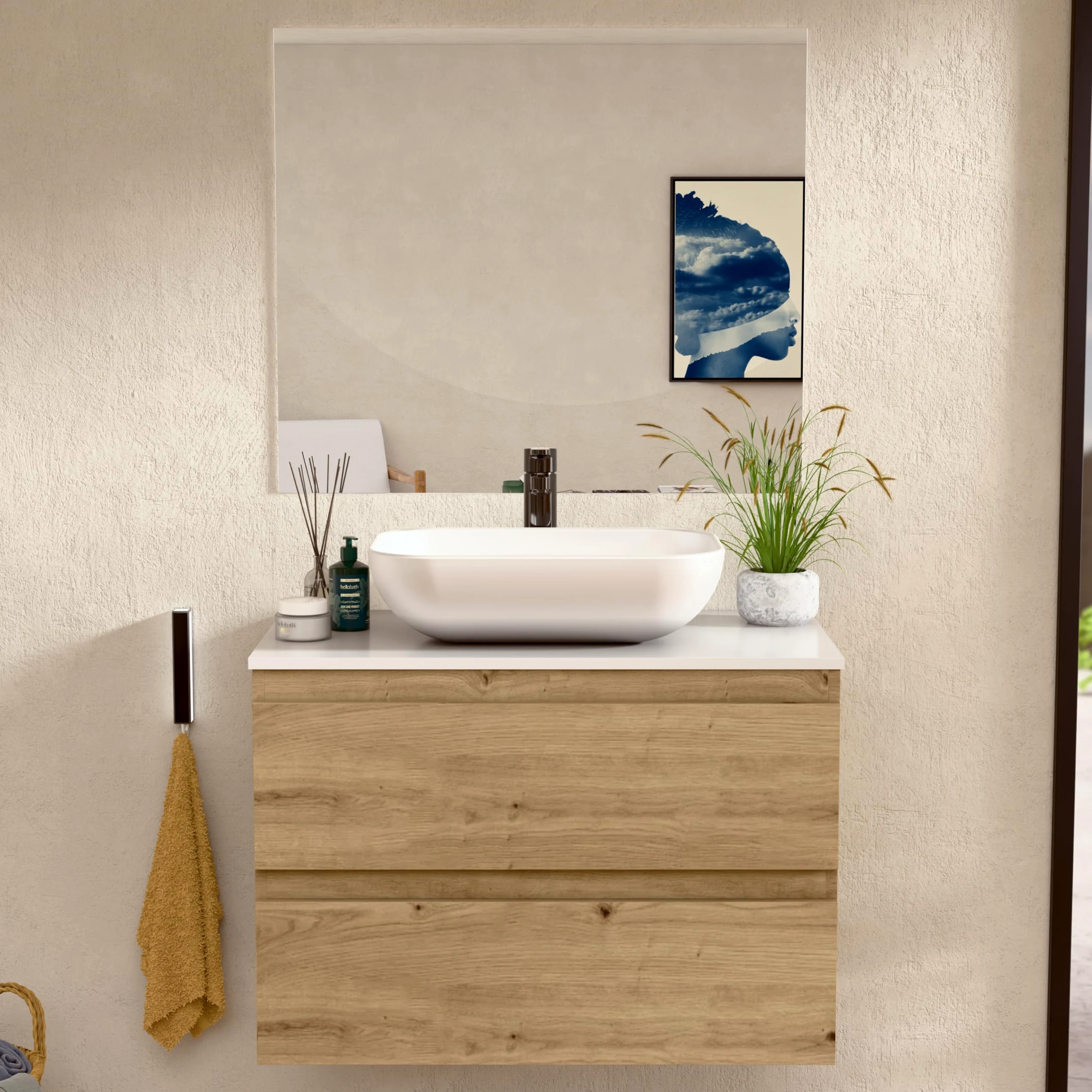 BELLOBATH - Meuble Salle de Bain avec Lavabo en Céramique et Miroir, Meuble de Rangement Salle de Bain, 2 Tiroirs 80 x 55 x 46 cm, Meuble Chêne/Blanc