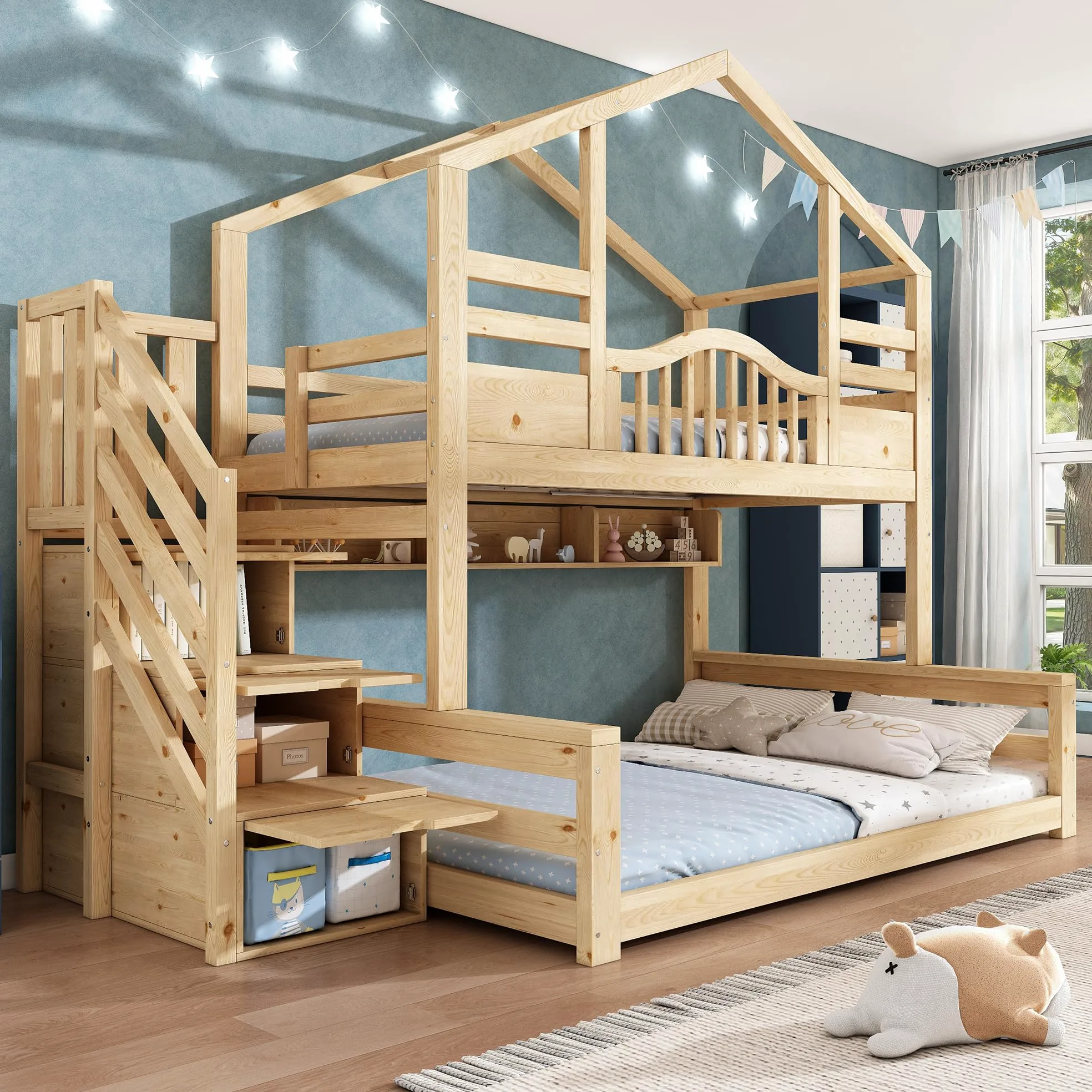 Lit Superposé Enfant avec escalier de rangement et étagères, Lit Enfant multifonctionnel avec 90x200 partie supérieure et 140x200 partie inférieure, en bois naturel Beige Clair Naturel (Sans Matelas)