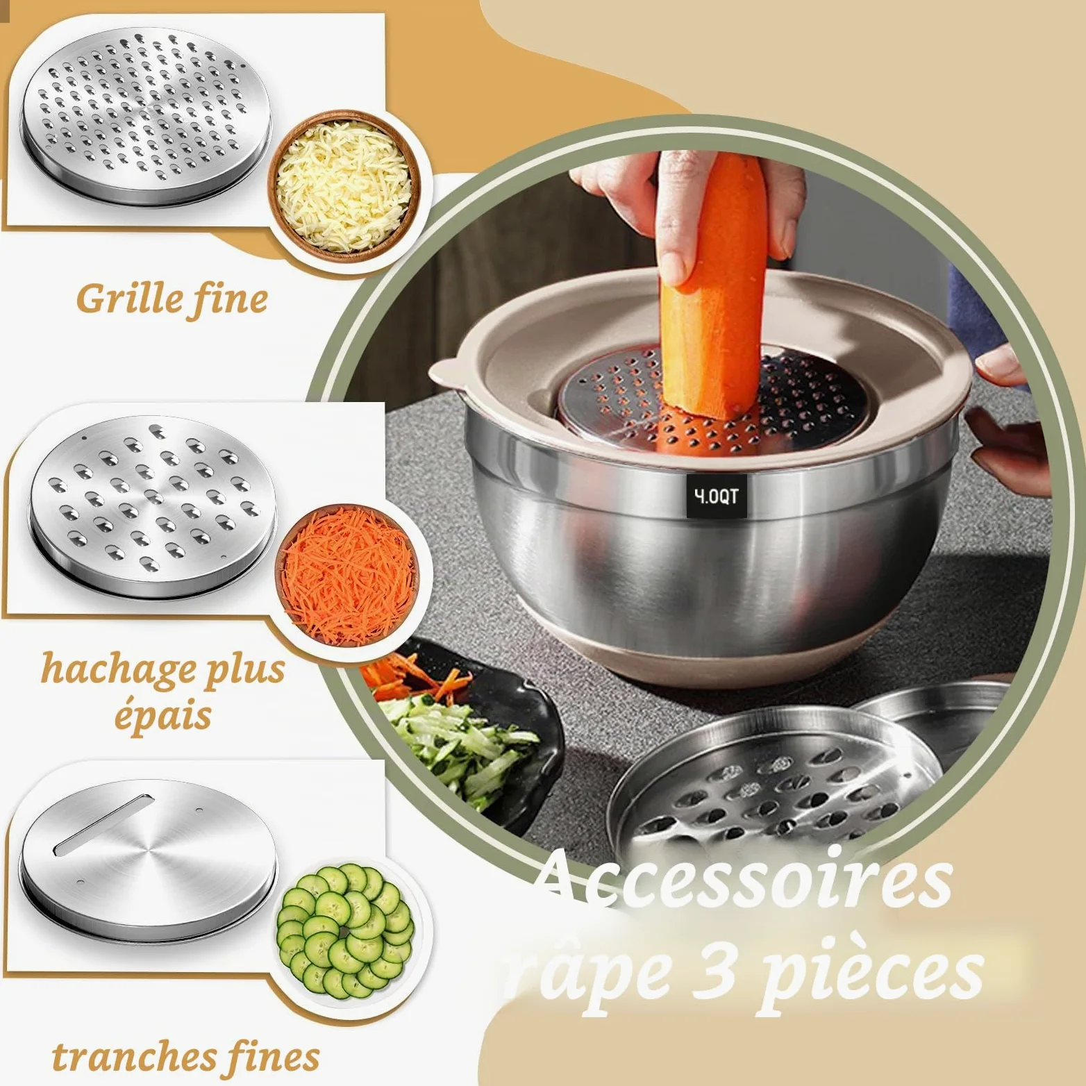 Terlulu Lot de 6 saladiers en acier inoxydable avec couvercle hermétique et fond en silicone, 3 embouts râpes, pour pâtisserie/servir, 6,6 l, 3,8 l, 2,4 l, 1,9 l, 1,4 l, 0,6 l, kaki