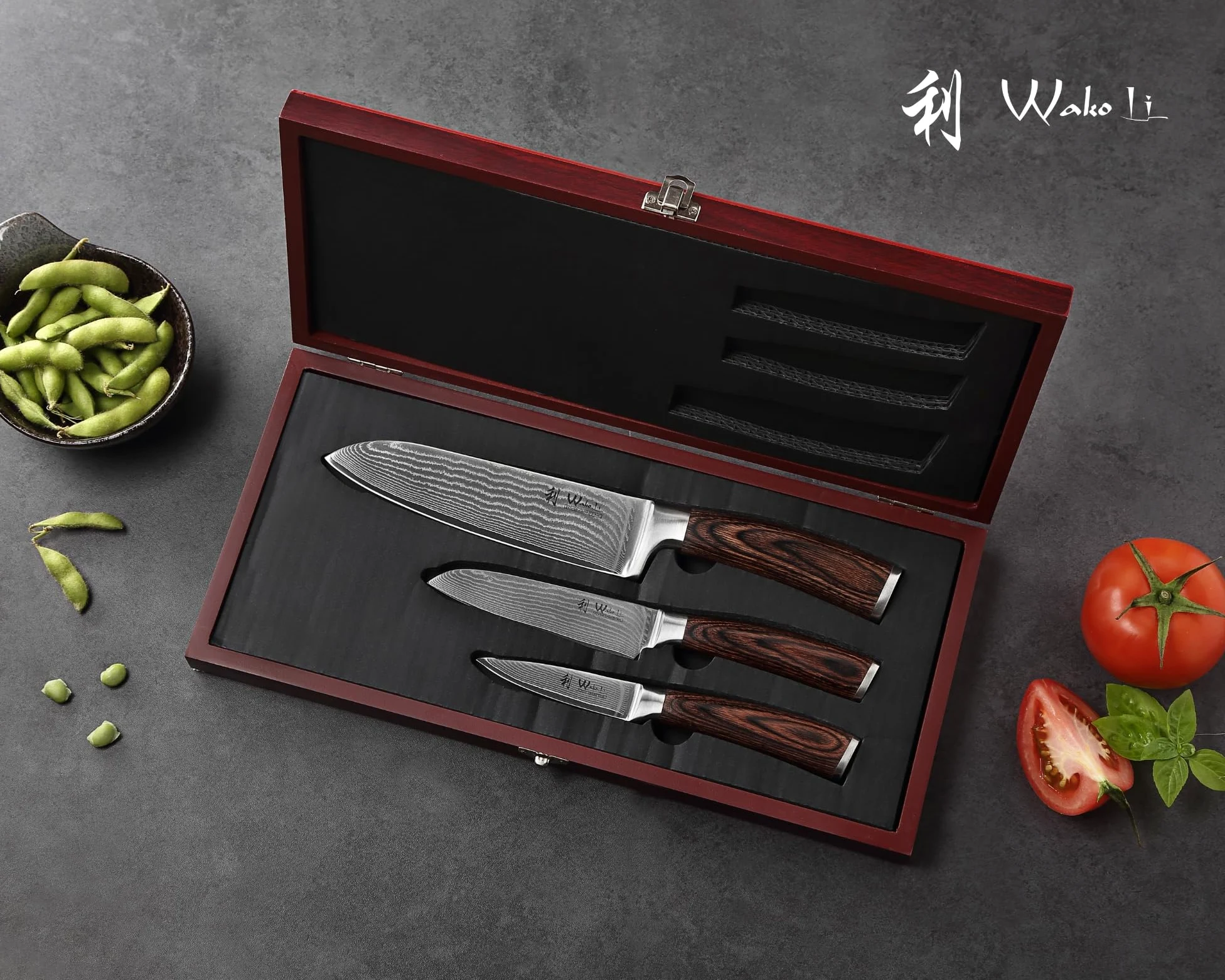 Wakoli Edib Set de 3 couteaux en Damas I Lames en acier damassé à 67 couches avec noyau VG10 et manches en bois de pakka I Couteaux de cuisine professionnels & couteaux damassés dans une boîte en bois