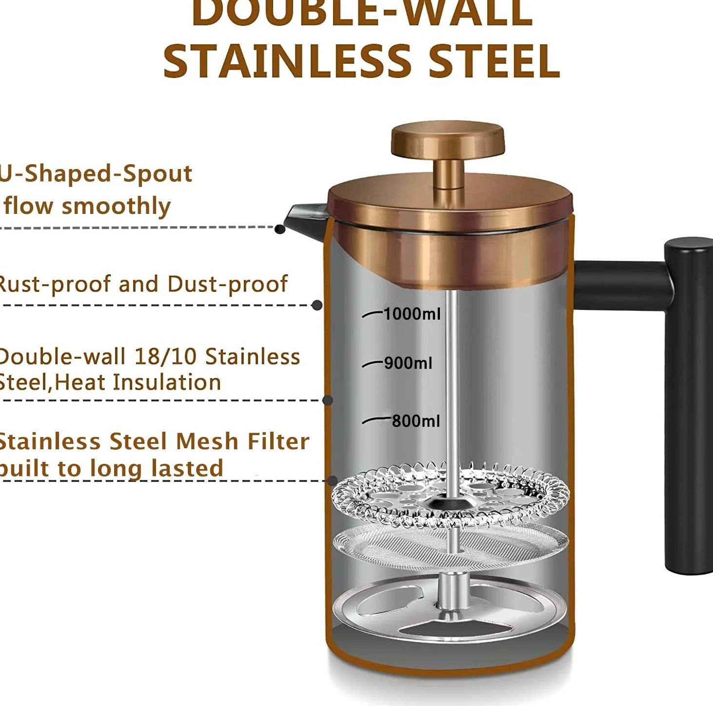 Grande cafetière à piston isotherme en acier inoxydable de 1,5 l, double paroi pour garder le café et le thé au chaud, bonus avec 2 filtres à café - Noir (1500 ml)