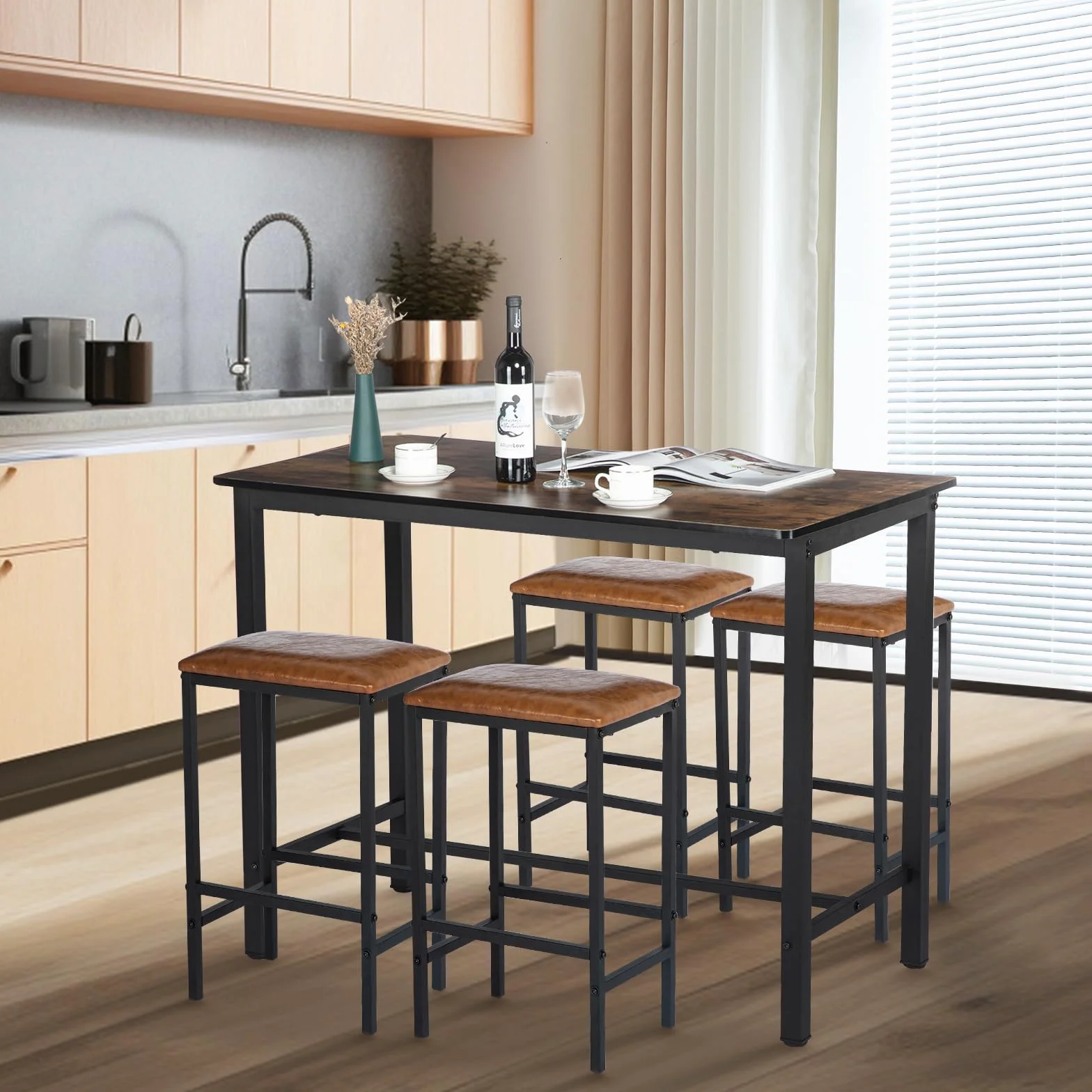 buybyroom Ensemble de 5 Tables de Salle à Manger, Table de Salle à Manger en marbre avec 4 tabourets de Bar 120x60x90.5cm Table de Bar avec Tabouret de Bar 29x39x64.5cm Table de Cuisine chaises, Noir