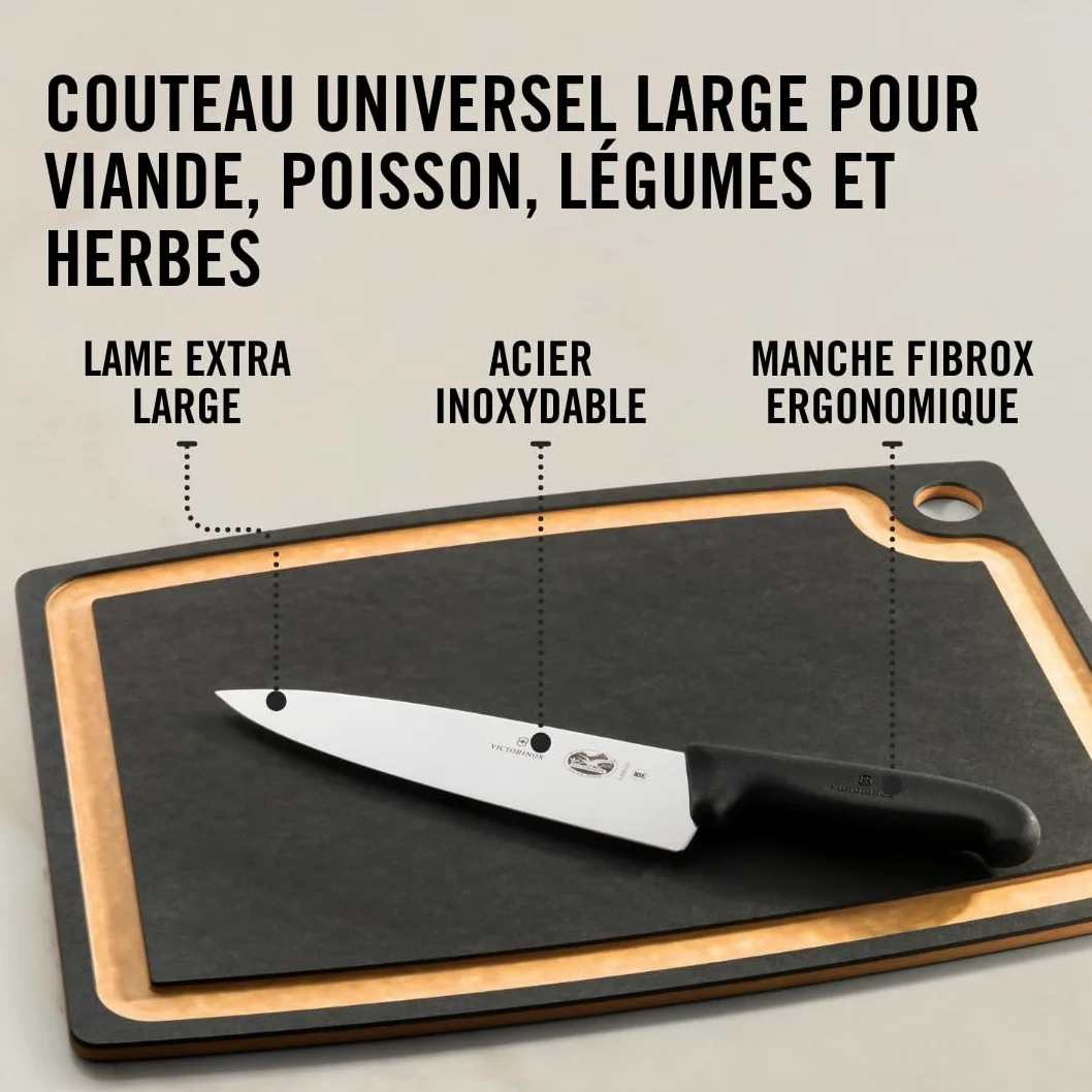 Victorinox Fibrox Couteau de chef, Large couteau universel pour viande, poisson, légumes et herbes, 20 cm, Lame lisse, Tranchant, Inox, Noir