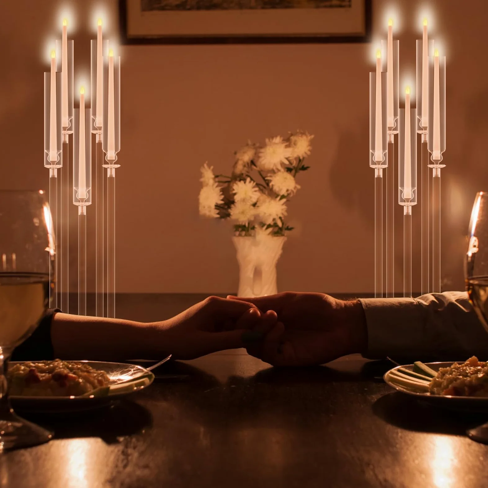 Lot de 4 Centres de Table Candélabres à 5 Bras | Abat-Jour en Acrylique, Pour Bougies LED, Pour Mariages et Dîners, Événements Spéciaux