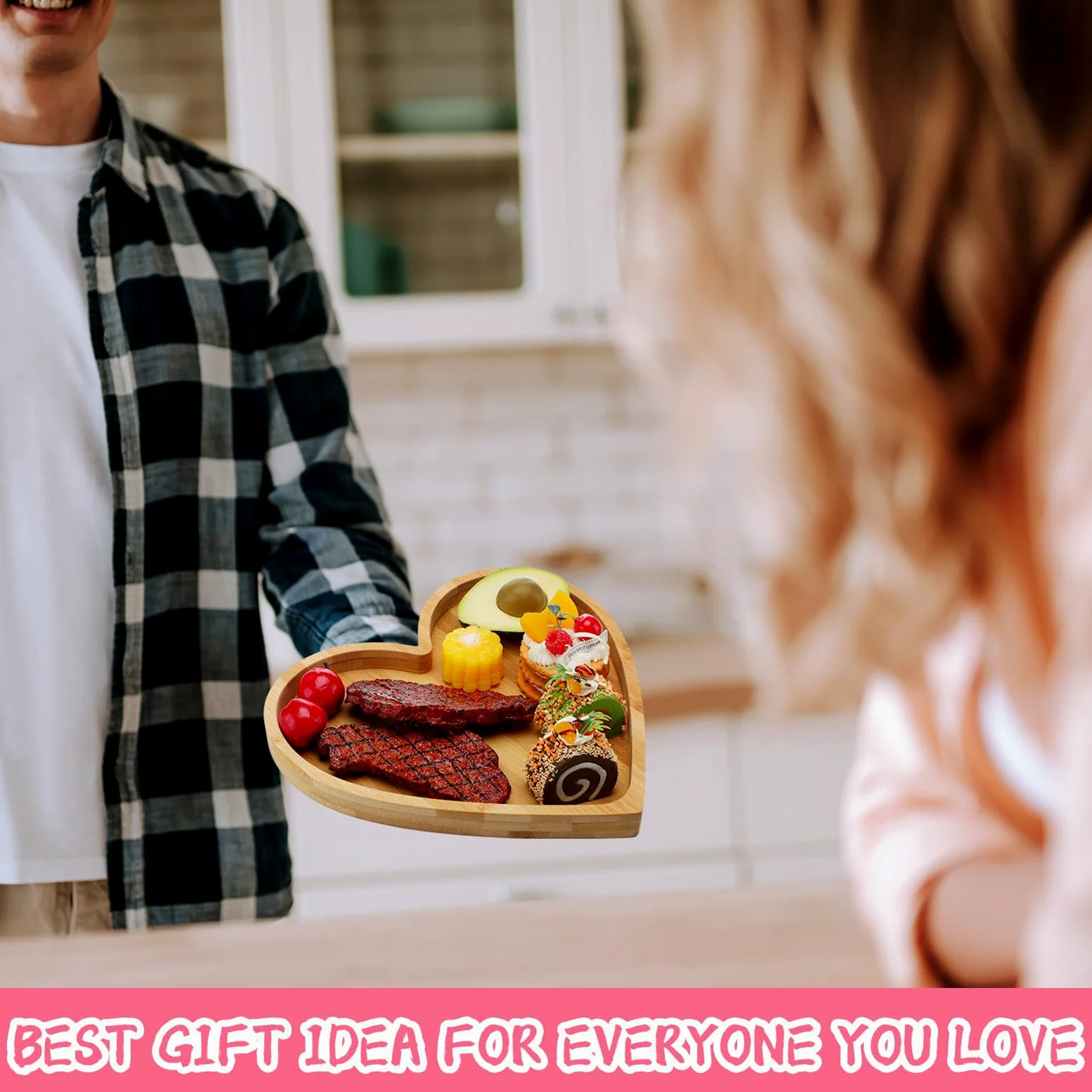 Teling Lot de 2 plateaux de service en bambou avec 5 rainures, planche à charcuterie, à bonbons, cadeaux pour le printemps, les vacances, les fêtes d'anniversaire, 25,4 à 27,9 cm (cœur)
