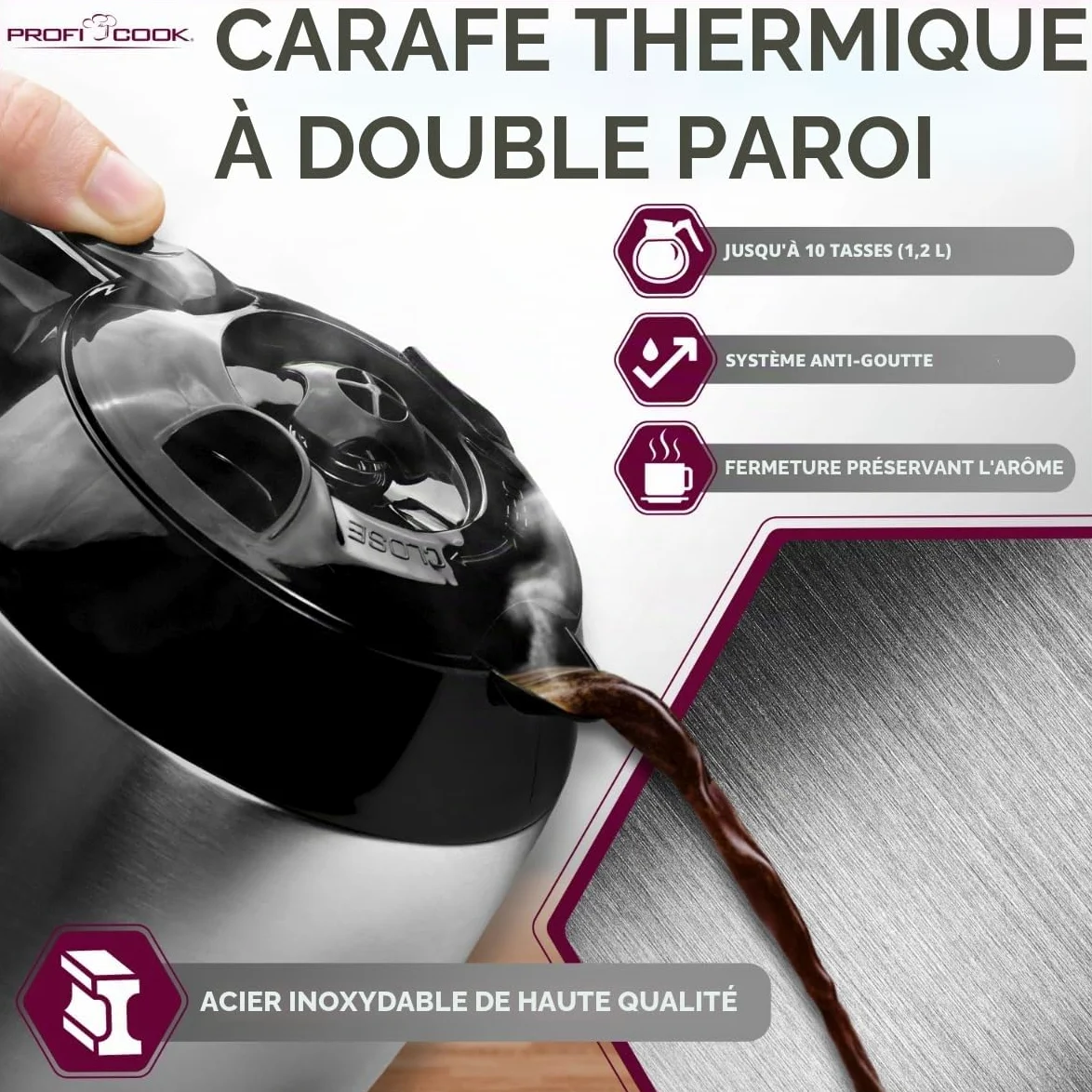 Profi Cook Machine à café avec thermos - avec minuterie pour un café frais le matin - Thermos à double paroi avec fermeture aromatique, Machine à café filtre en acier inoxydable PC-KA 1191