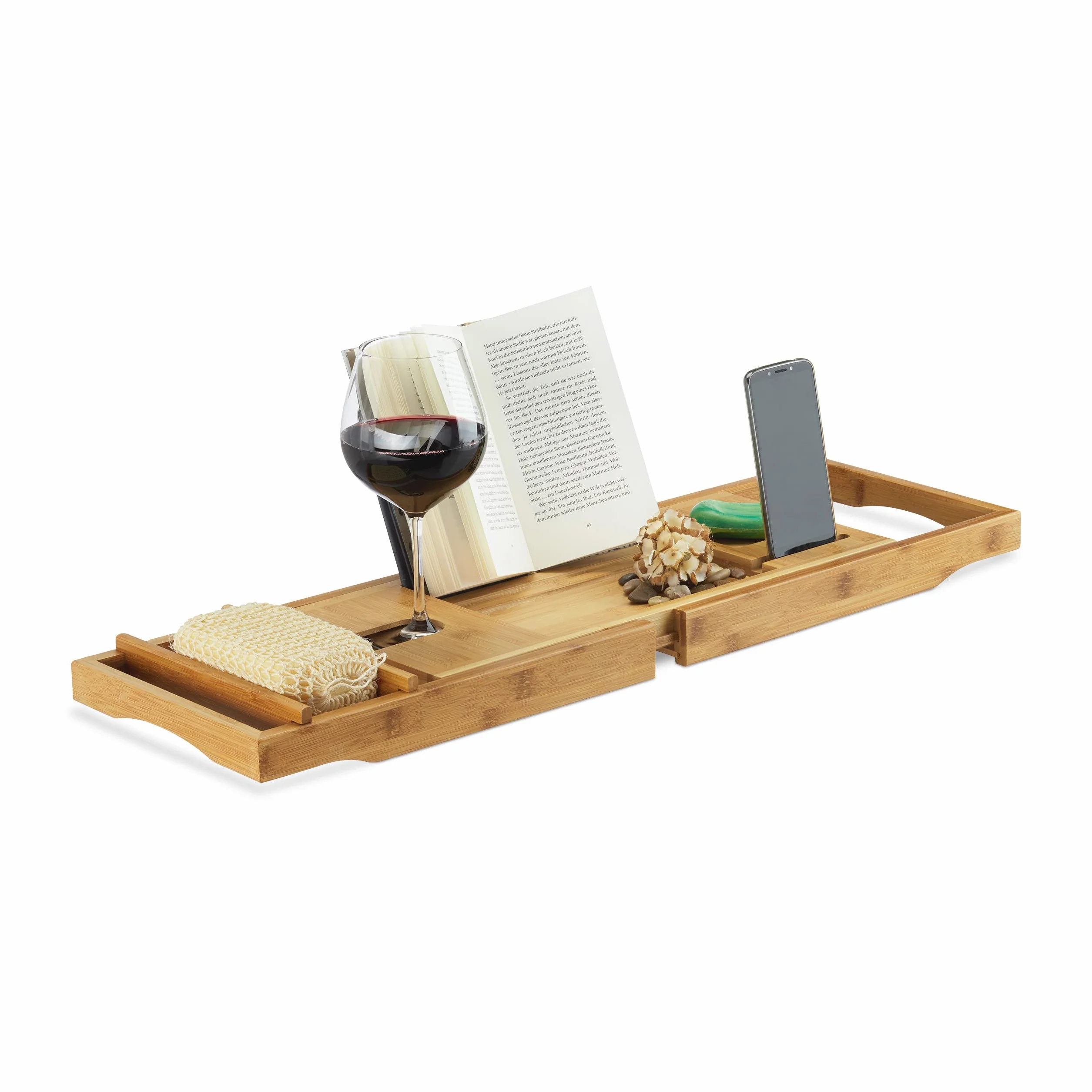 Relaxdays Pont de baignoire bambou baignoire extensible salle de bain serre-livre HxlxP: 19 x 107,5 x 23 cm, nature