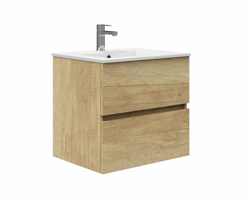 Baikal Meuble de Salle de Bains, Armoire Suspendue avec Vasque en Ceramique, Hauteur 55 cm, Largeur 60 cm, 2 Tiroirs, Finition Nature, Meuble Monte