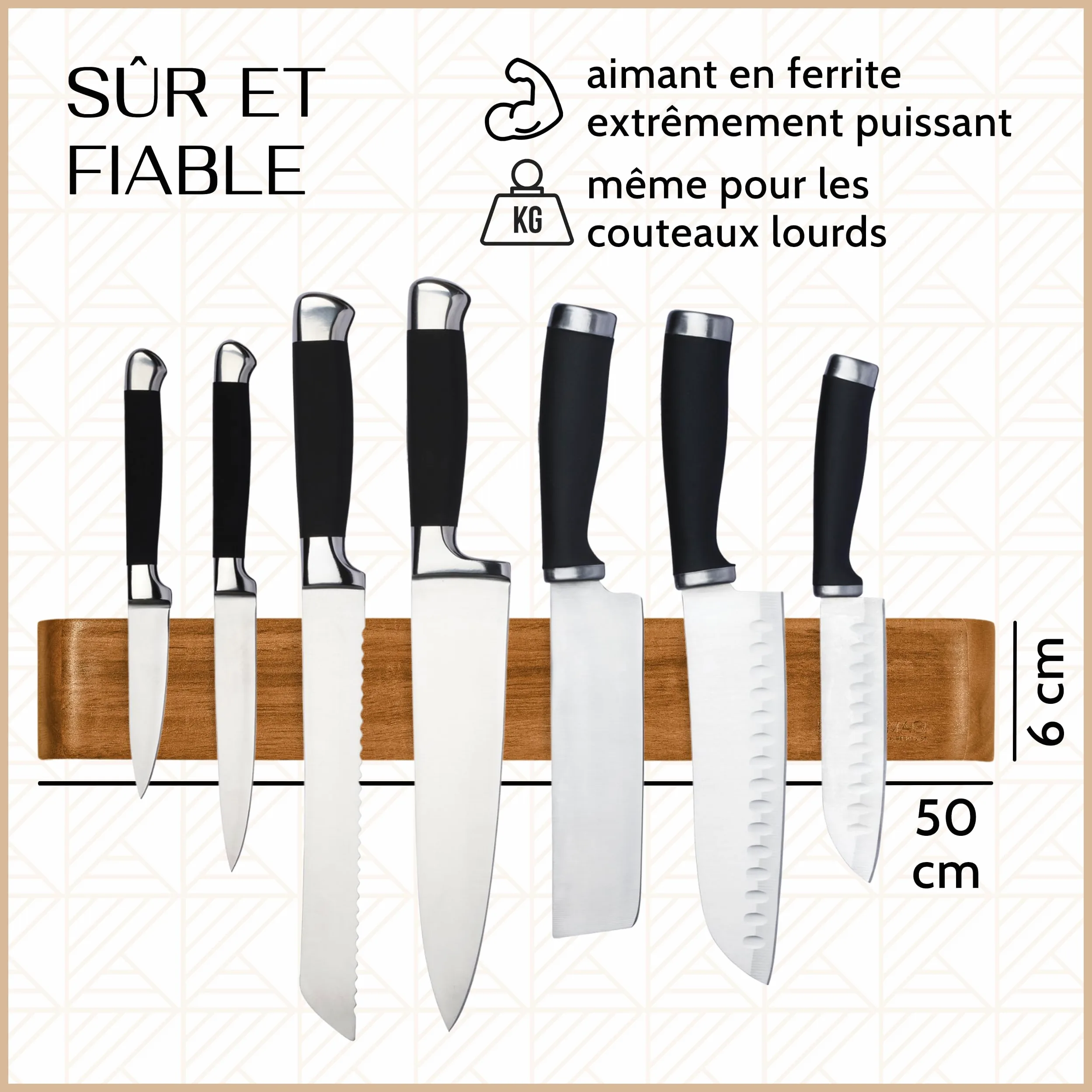 Barre magnetique pour couteaux OSKAR (50 cm) - porte couteaux en bois avec aimant extrêmement puissant pour couteaux lourds - avec accessoires pour coller & percer