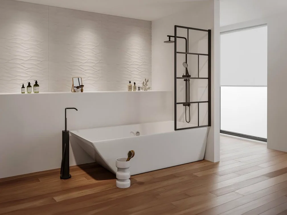 Vente-unique - Pare baignoire pivotant style industriel - 70 x 140 cm - Noir mat - Verre - RIVANON