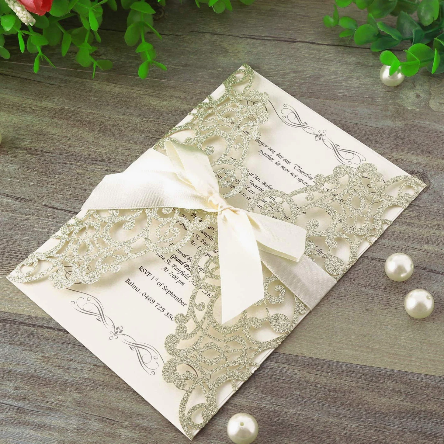 Hosmsua 50 pièces cartes d'invitation découpées au laser avec nœud et enveloppes pour invitations de mariage fête de mariage fiançailles anniversaire (paillettes champagne)