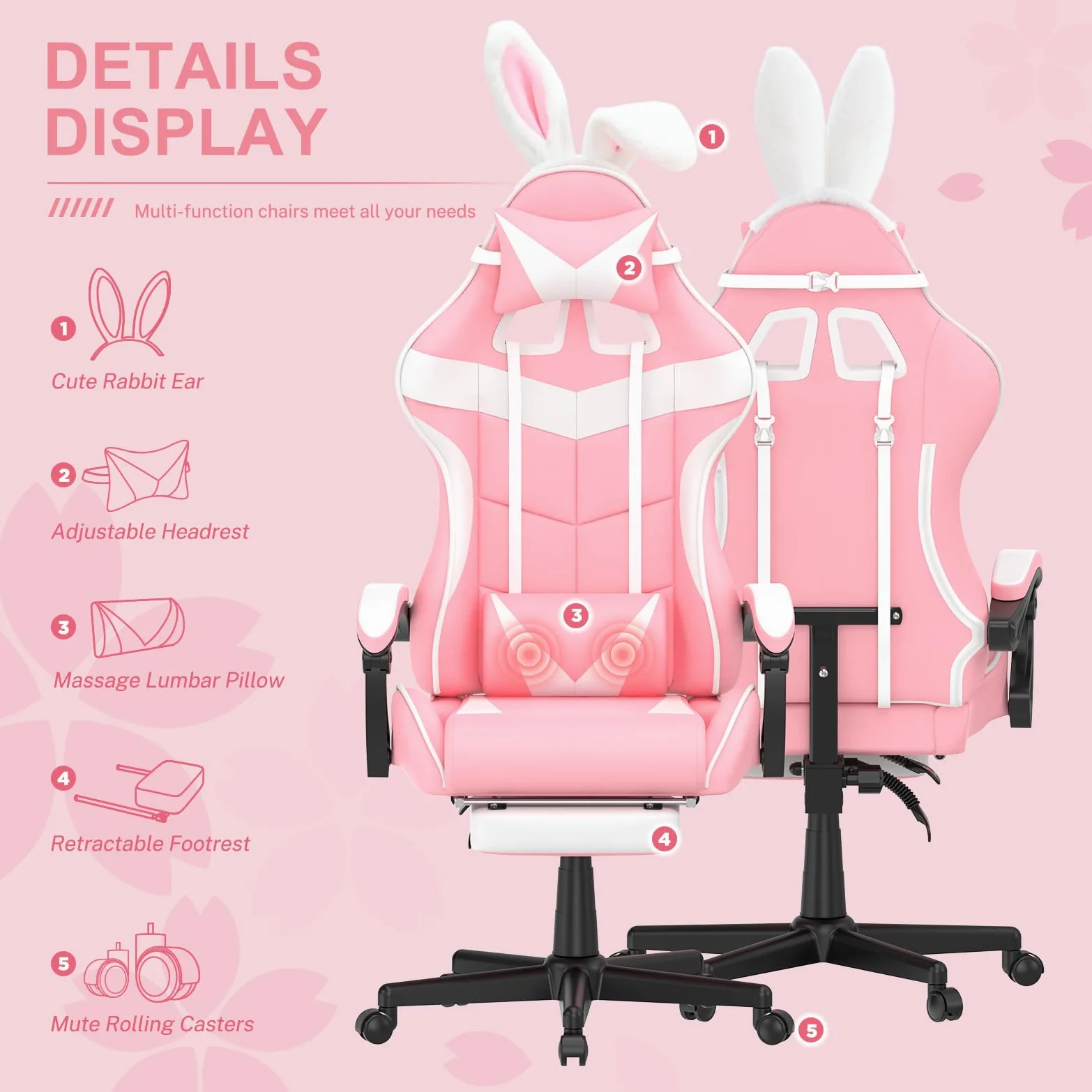 Soontrans Chaise Gaming Massante Ergonomique Fauteuil Gamer avec Serre-tête & Support Lombaire Massage & Appui-tête & Repose-Pied, Chaise Gamer pour Youtube Livestreaming PlayStation Xbox (Rose)