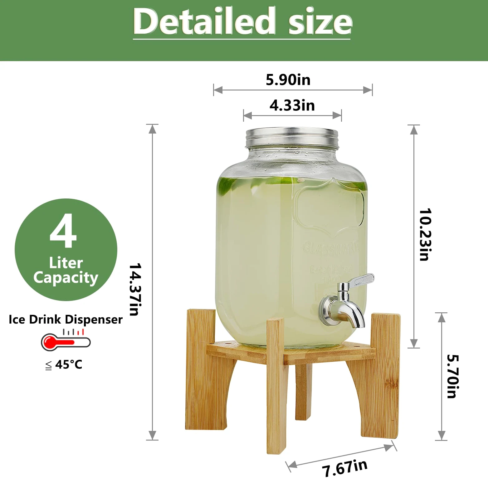 4L Distributeur de Boissons en Verre avec Robinet Support, bonbonne de Jus de Fruits avec robinet pour BBQ, jarre cocktail, fêtes à la piscine et réunions de famille pendant les vacances
