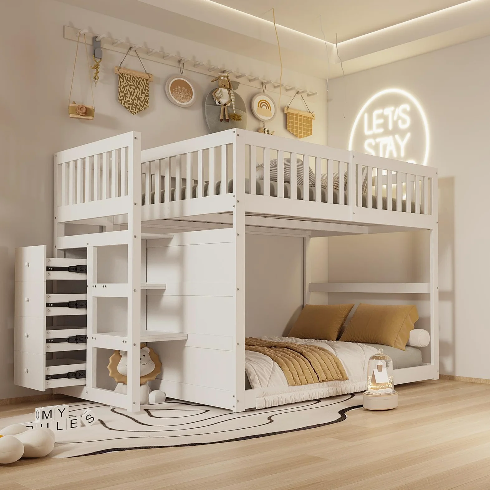 PUGSDRLY Lit Superposé en Bois 140x200cm, 2 Places avec 4 Tiroirs, pour Adolescent et Enfant, Design Clôture Haute, Cadre de Lit (Blanc)