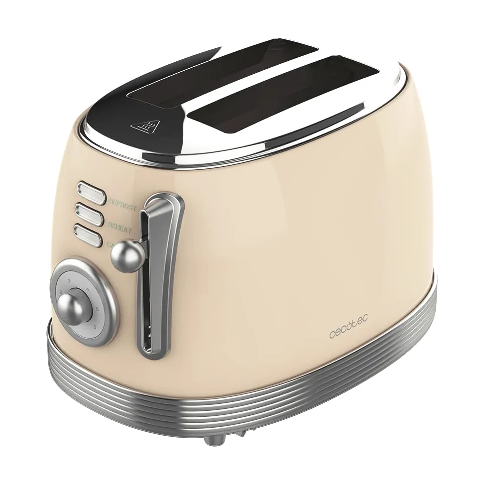 Cecotec Toast & Taste 800 Vintage Light Beige. 850 W, double fente courte extra large de 3,8 cm, 2 toasts, finitions en acier inoxydable, style vintage, 3 fonctions, beige