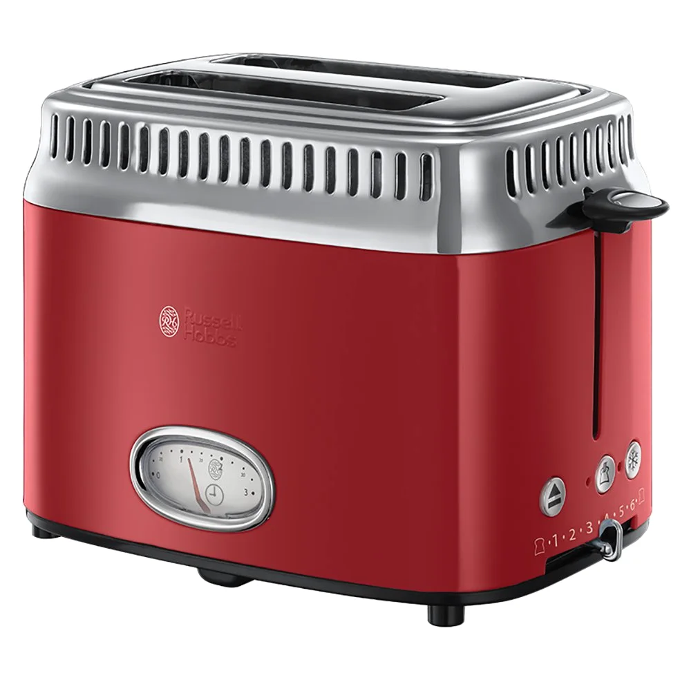 Russell Hobbs Grille Pain (Design Vintage Premium) Retro rouge (2 Tranches, 6 niveaux de brunnissage rapide, Fonction annulation, décongélation et réchauffage Viennoiserie, 1300W) Toaster 21680-56