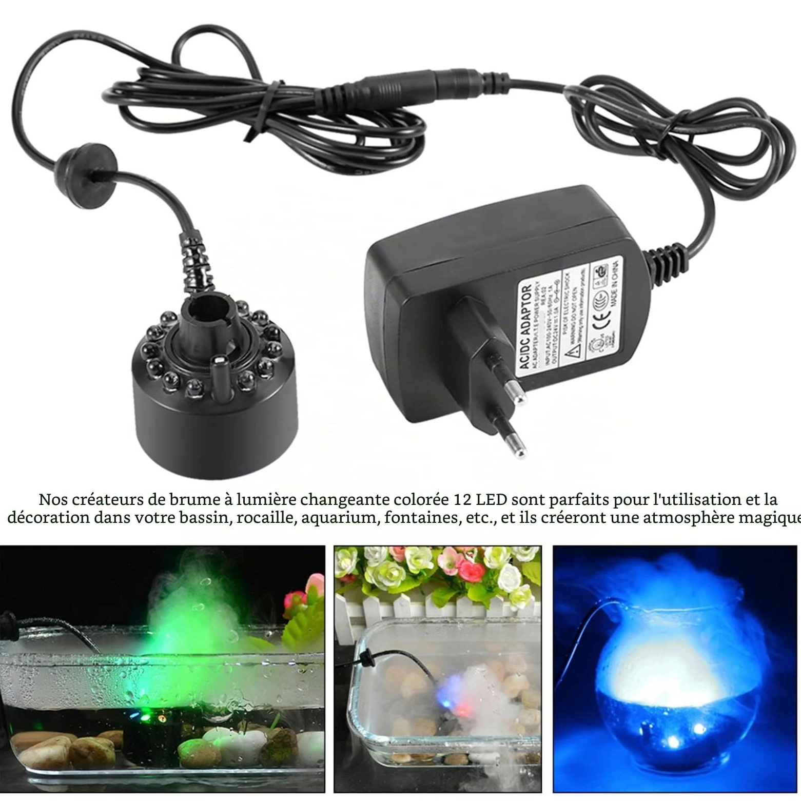 Brumisateur de Fontaine d'eau Longue Durée de Vie avec Adaptateur Secteur Brumisateur Effet de Brume époustouflant Humidificateur d'air Facile à Utiliser pour Aquarium