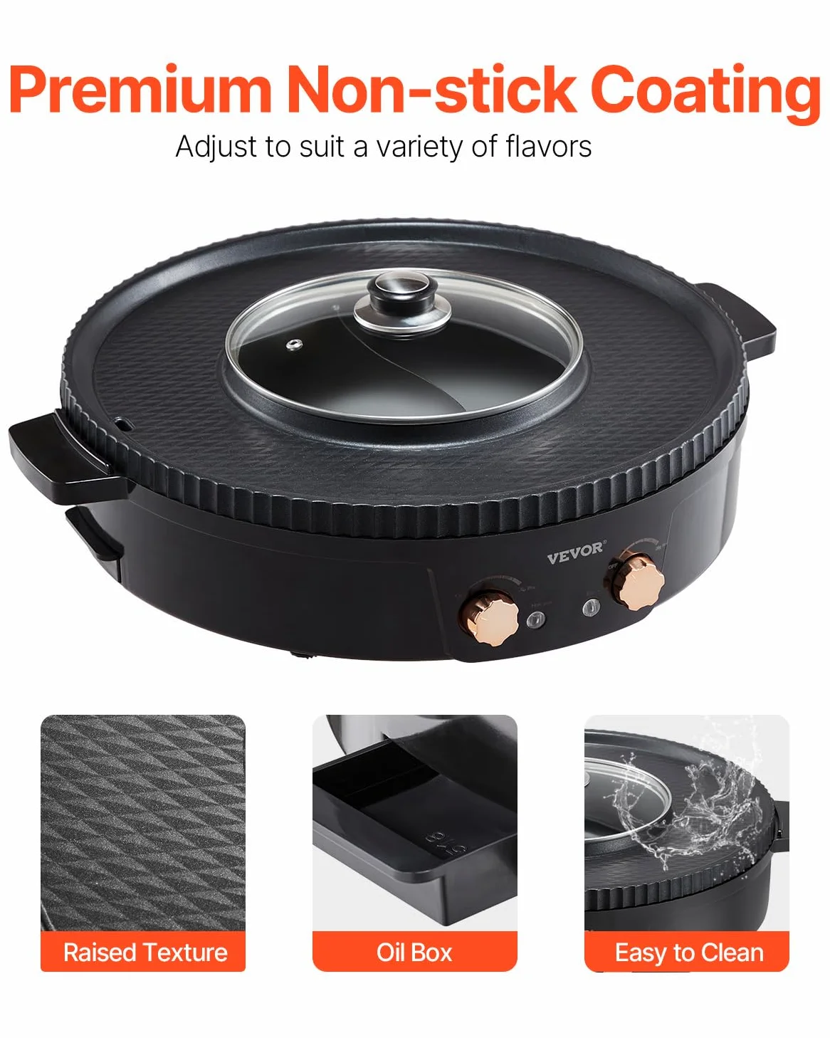 VEVOR Appareil à Fondue Chinoise avec Gril 2-en-1, Hot Pot Électrique 1800 W, Fondue Électrique avec Double Contrôle de Température Séparé, Poêle Antiadhésive, pour Barbecue Coréen Shabu Shabu Hotpot