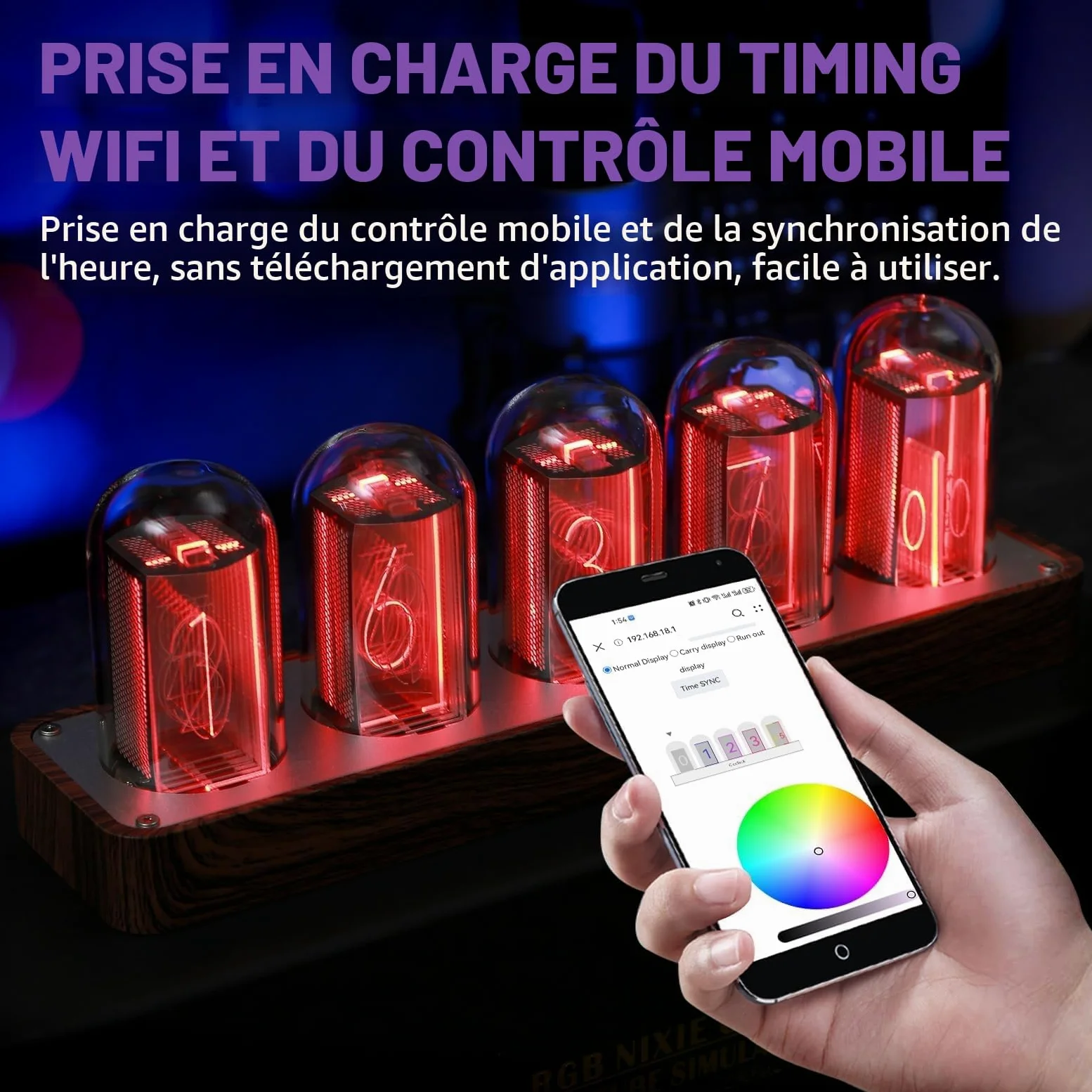 ClocTeck Horloge Nixie à tube numérique en bois Affichage 12/24h Alarme facilement réglable Décor pour bureau et chambre
