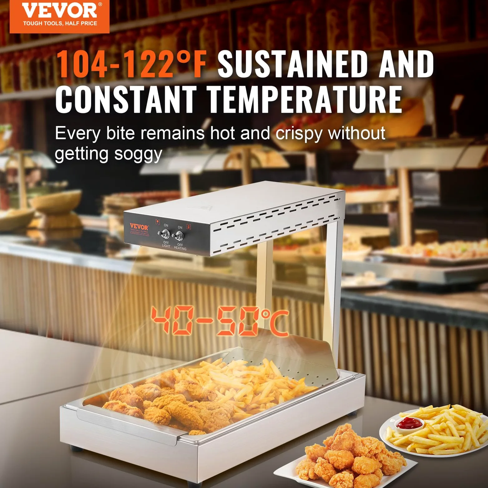 VEVOR Chauffe-Frites Commercial 750 W Lampe Chauffe-Plat en Acier Inoxydable Température 40-50 ℃ avec Pince pour Maintien au Chaud Pizza Poulet Frit Hamburger Aliments Buffet Cuisine Restaurant