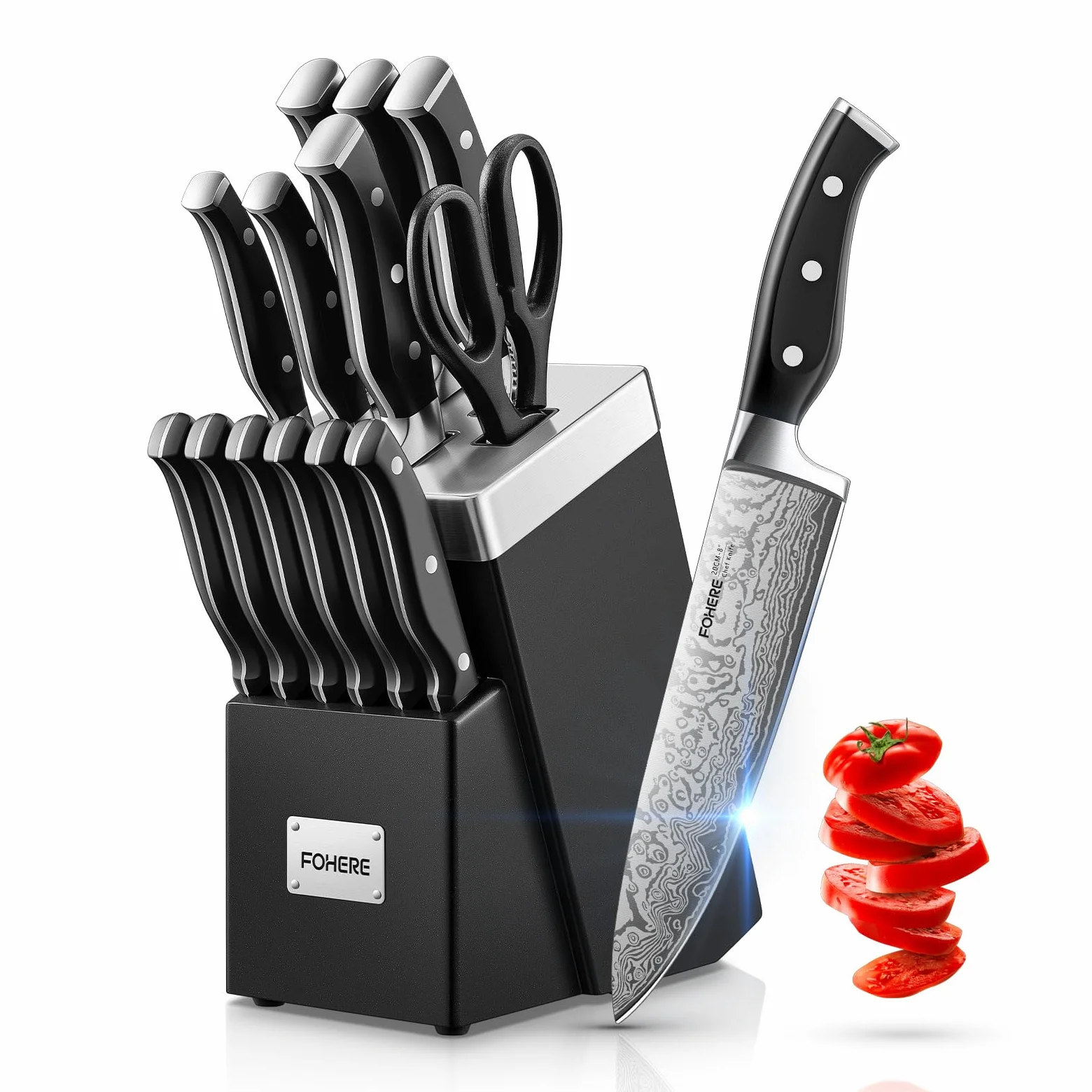 FOHERE Couteau Cuisine, 14 Pièces Bloc de Couteaux avec Affûteur Intégré, Set Couteau Cuisine en Acier Inoxydable, Bloc Noir en Bois
