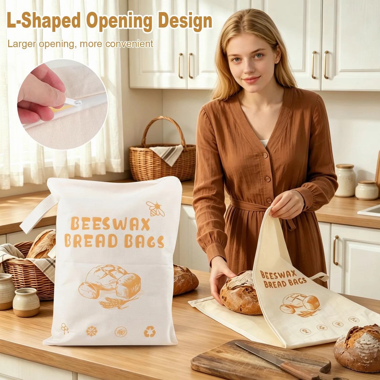 Lot de 2 sacs à pain en cire d'abeille avec ouverture en forme de L, 43 x 33 cm, sacs de rangement réutilisables en coton, faciles à remplir et à nettoyer, parfaits pour le pain au levain et fait