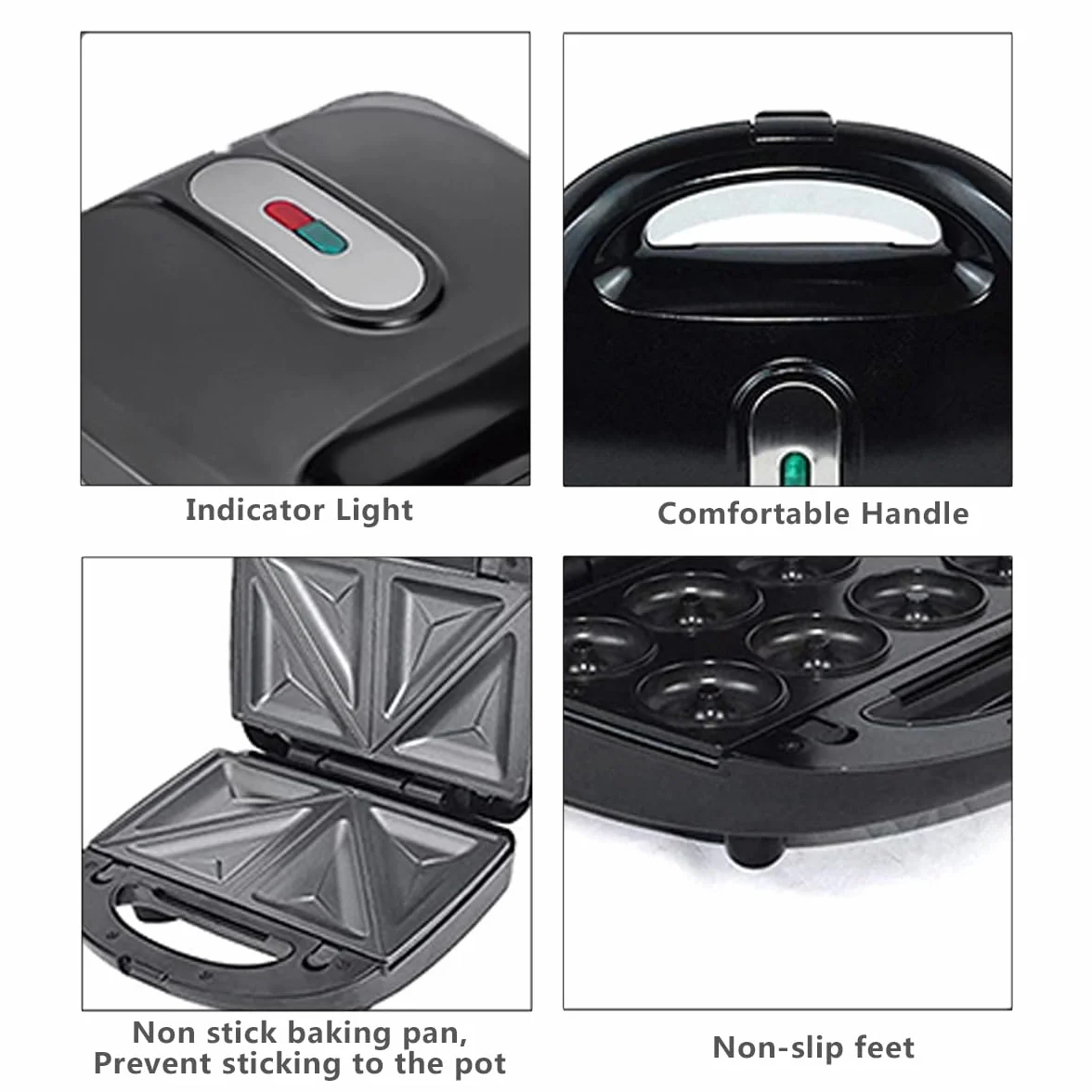 Donut Maker 3 en 1 gaufre électrique sandwich machine panini Press grill iron set avec 3 interchangeables amovibles feuilles antiadhésives