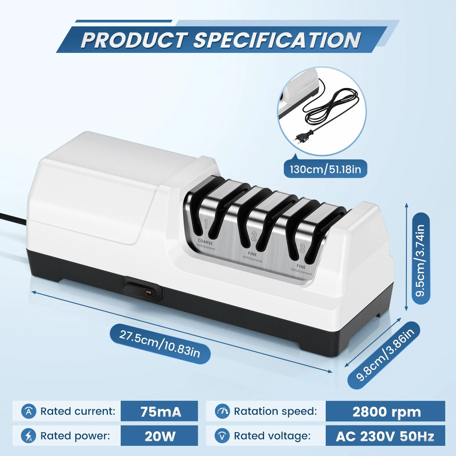 Aiguiseur de Couteaux électrique Professionnel à 3 Niveaux, Disques Diamantés, Protection Contre la Surchauffe, Moteur Silencieux, Affûtage Rapide pour Couteaux de Cuisine