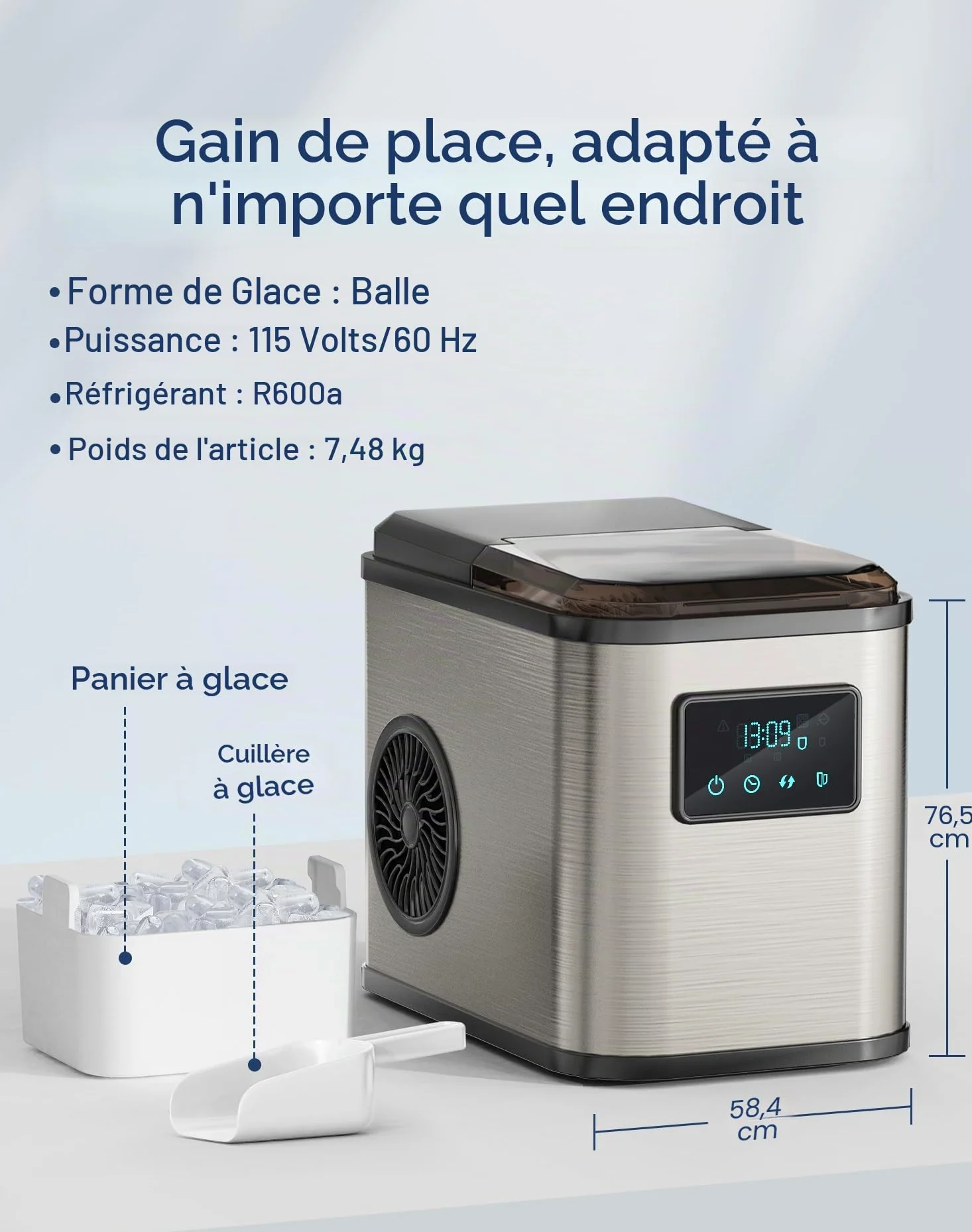 Machine a glacons Acier inoxydable machine a glace machine a glacon avec écran LED et fonction de nettoyage 2 tailles de glaçons 2 litres pour la cuisine le bureau le bar et les fêtes