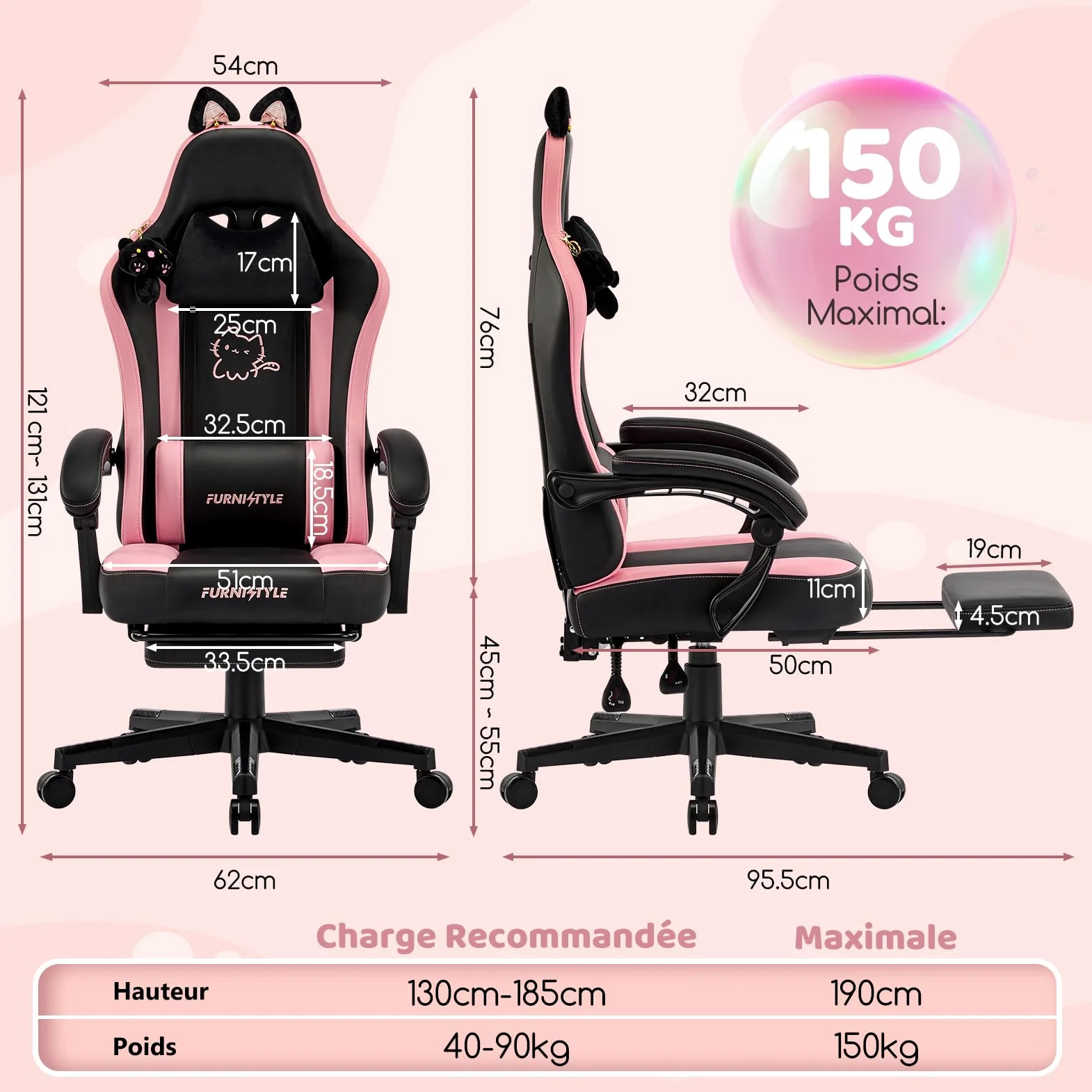 Hellove Chaise Gaming Ergonomique, Fauteuil Gamer avec Repose-Pieds Rétractable, Coussin Lombaire et Oreilles de Chat, pour Filles, Adolescents, Enfants, Cuir PU, Noir et Rose