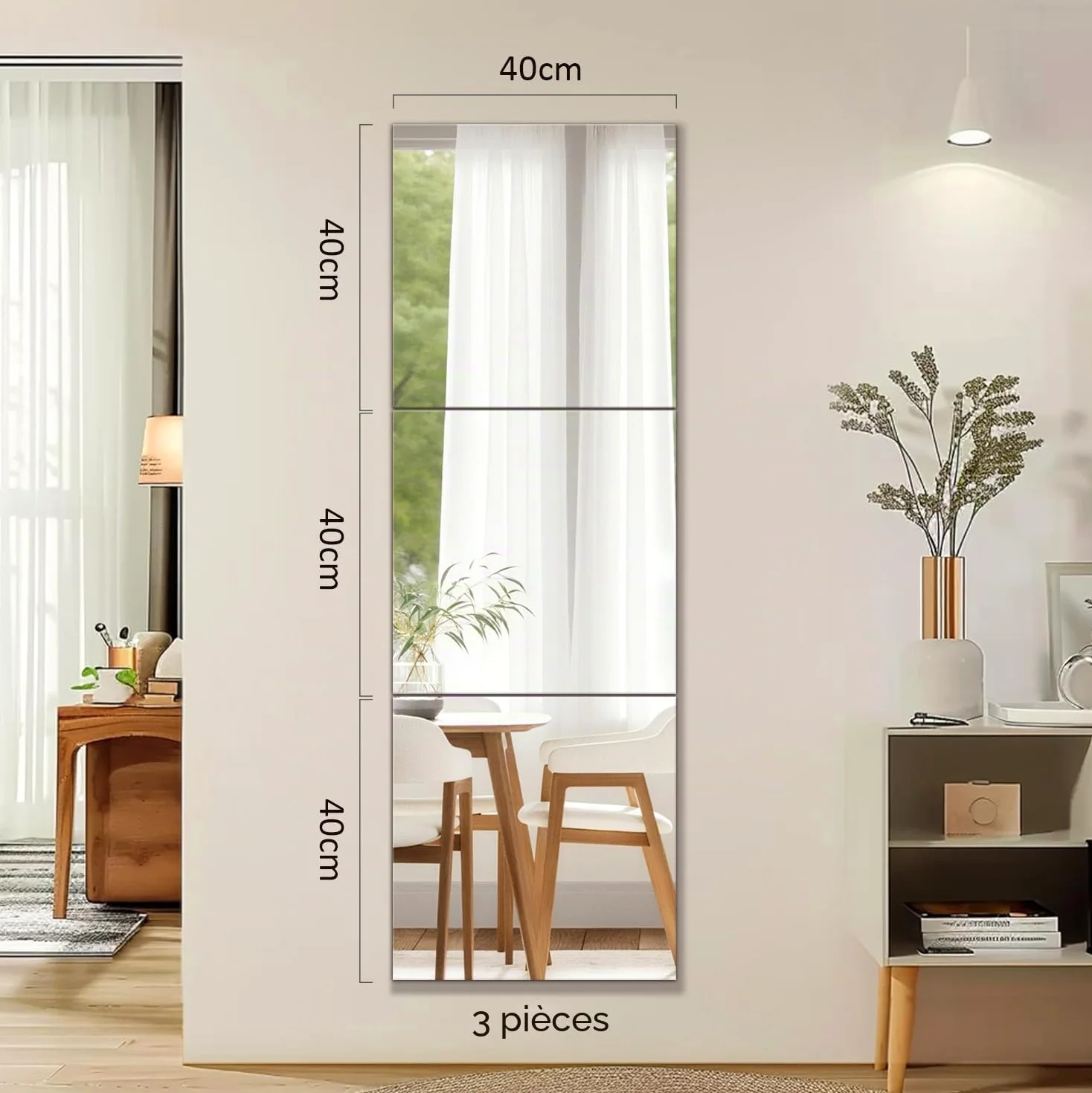 Grand Miroir Mural Rectangulaire Adhesif Verre HD, 3 Pièces 40x40cm sans Cadre Miroir Salle de Bain, Moderne Autocollant Mirroir Murales pour Chambre Entree Maison Porte Placard Salle de Bain