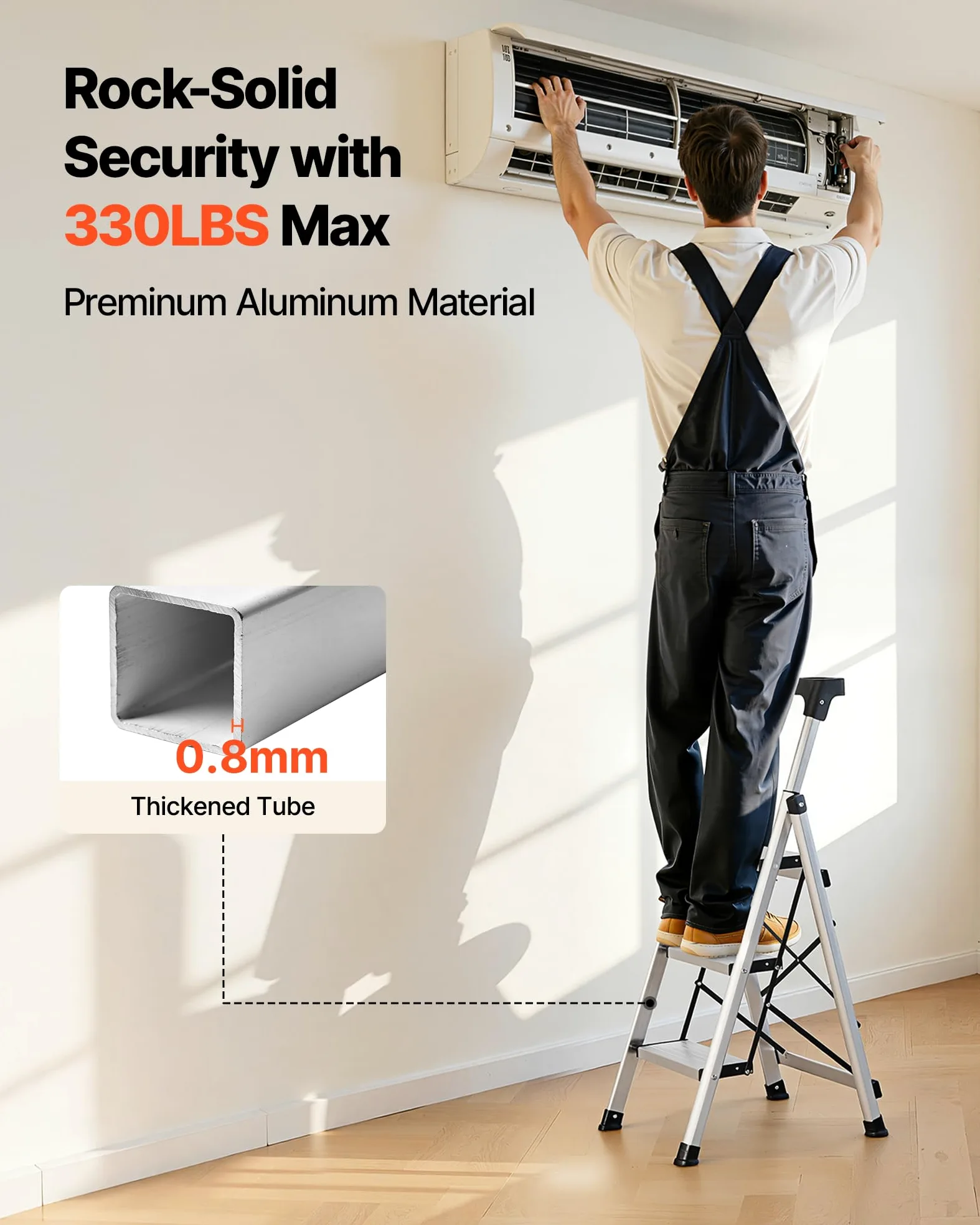 VEVOR Escabeau Pliant 3 Marches Marchepied Pliable Charge 150 kg Échelle Domestique Alliage d'Aluminium pour Travaux Ménagers, Bricolage, avec Larges Marches Antidérapantes, Plateau à Outils, Argenté