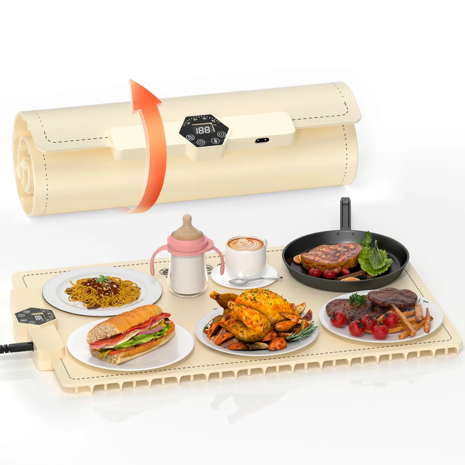 INNOWARMER Chauffe Plat Électrique, Plaque Chauffante Électrique Silicone Pliable Flexible, Plaque Chauffante avec 5 Température Réglable et Minuteur, Chauffe Plat pour Buffet Fête Familiale (Blanc)