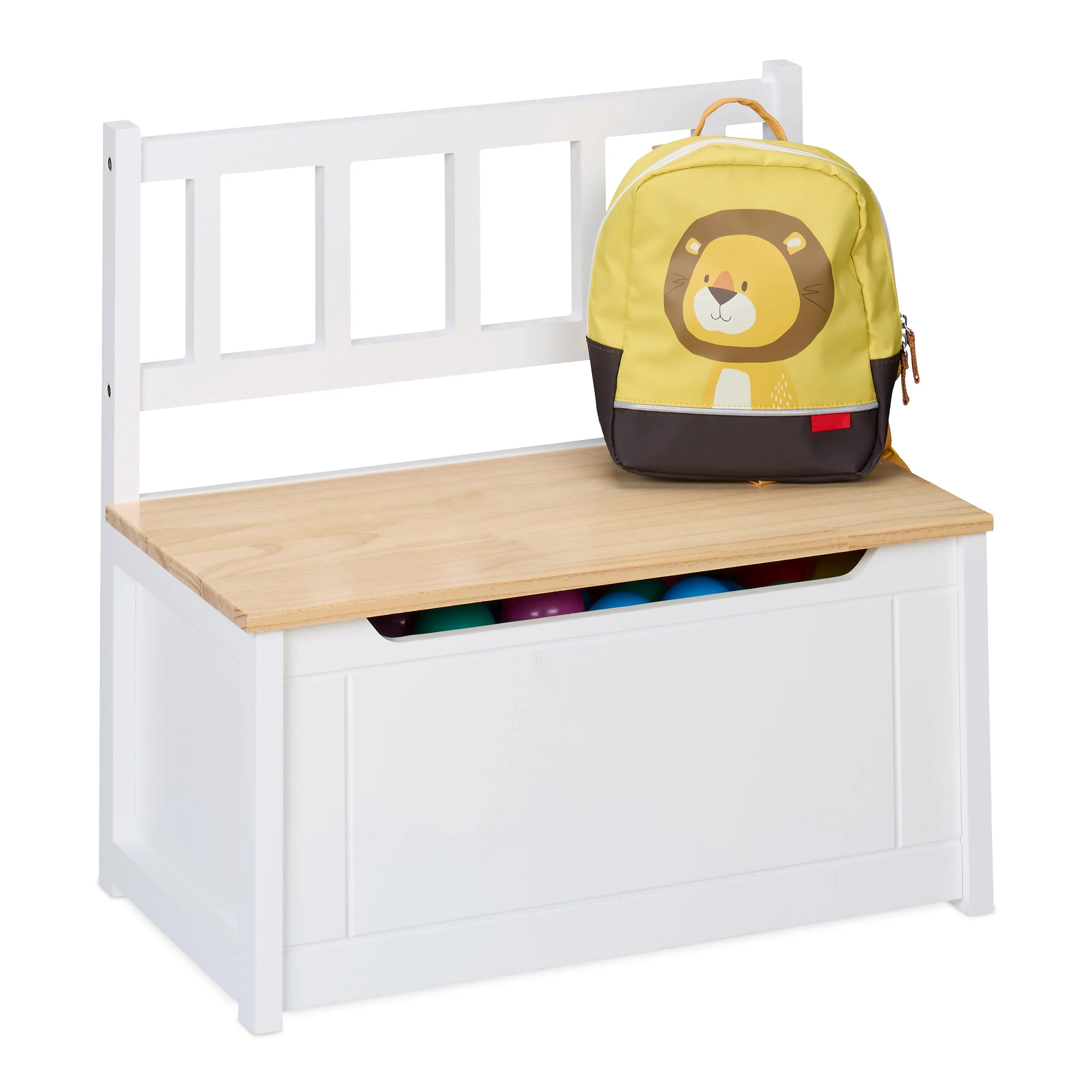 Relaxdays Banc de Rangement pour Votre Enfant, Couvercle Pratique, H x L x P : 55 x 57 x 31 cm, Blanc et Nature