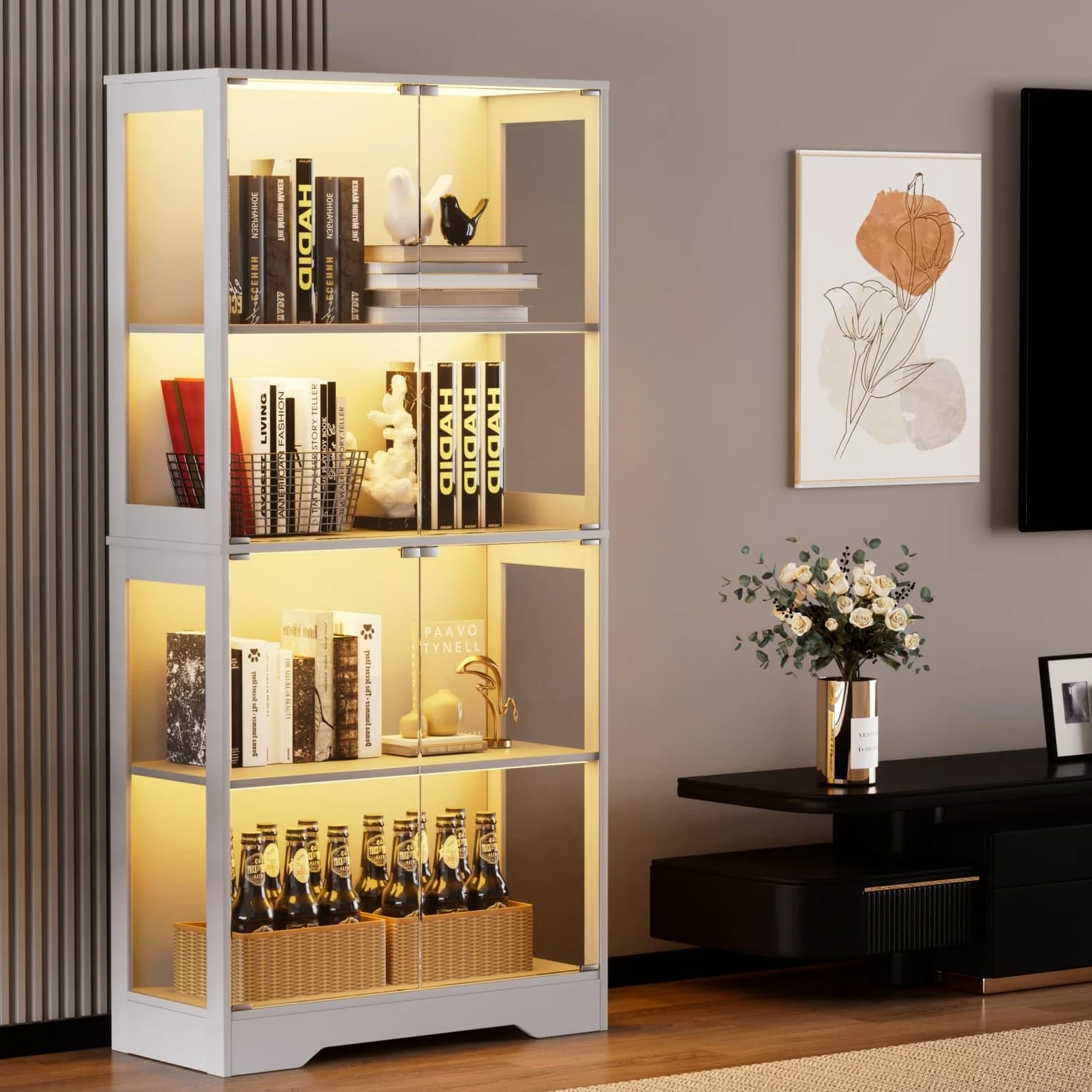 Vitrine en Verre,Vitrine pour Collection avec Lumières LED,Bibliotheque,Buffet Salon,Placard Rangement,Meubles de Rangement,80x35x165cm (Blanc)