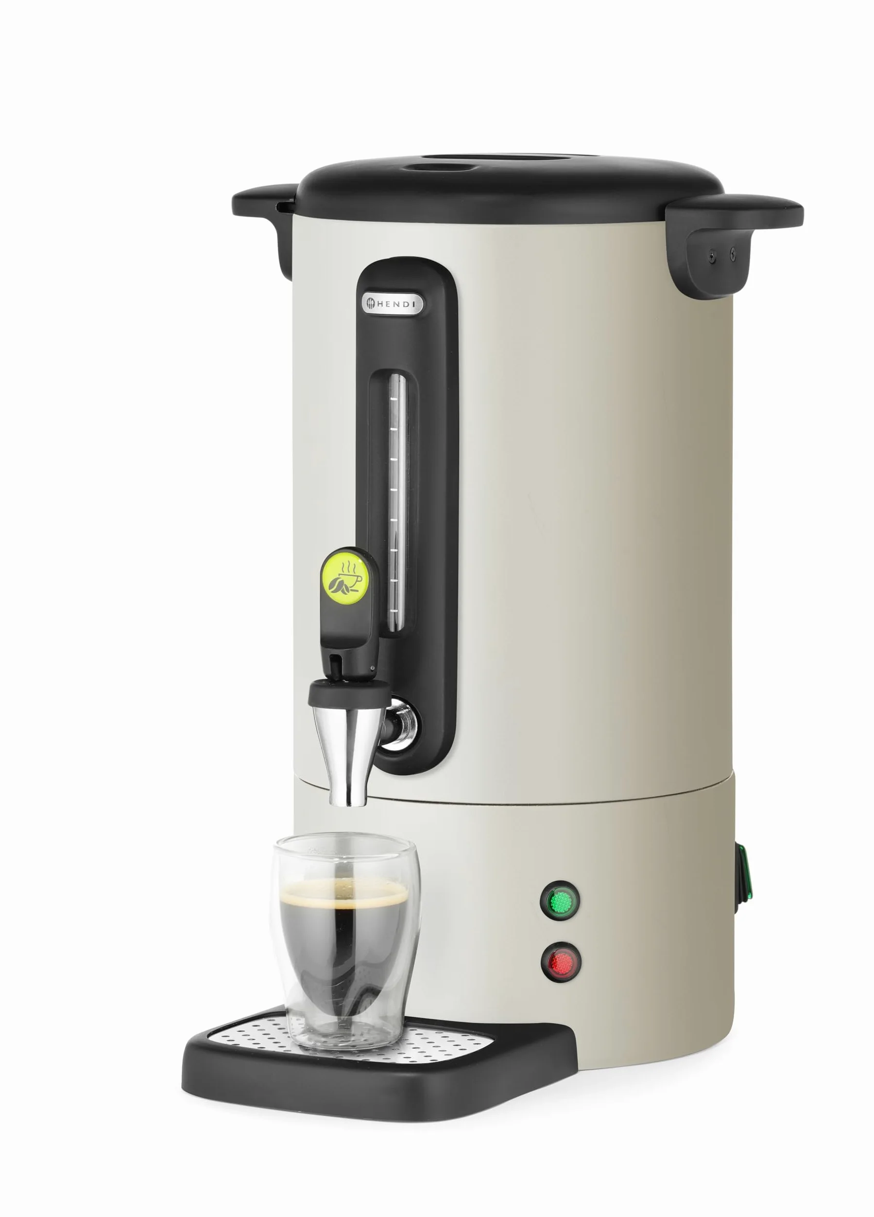HENDI Percolateur à café 7L UNIQ, cafetière à percolation avec paroi simple et robinet anti-gouttes, filtre intégré, 230V, 50/60Hz, 1050W, 307x330x(H) 450mm, blanc cassé, Inox, PP