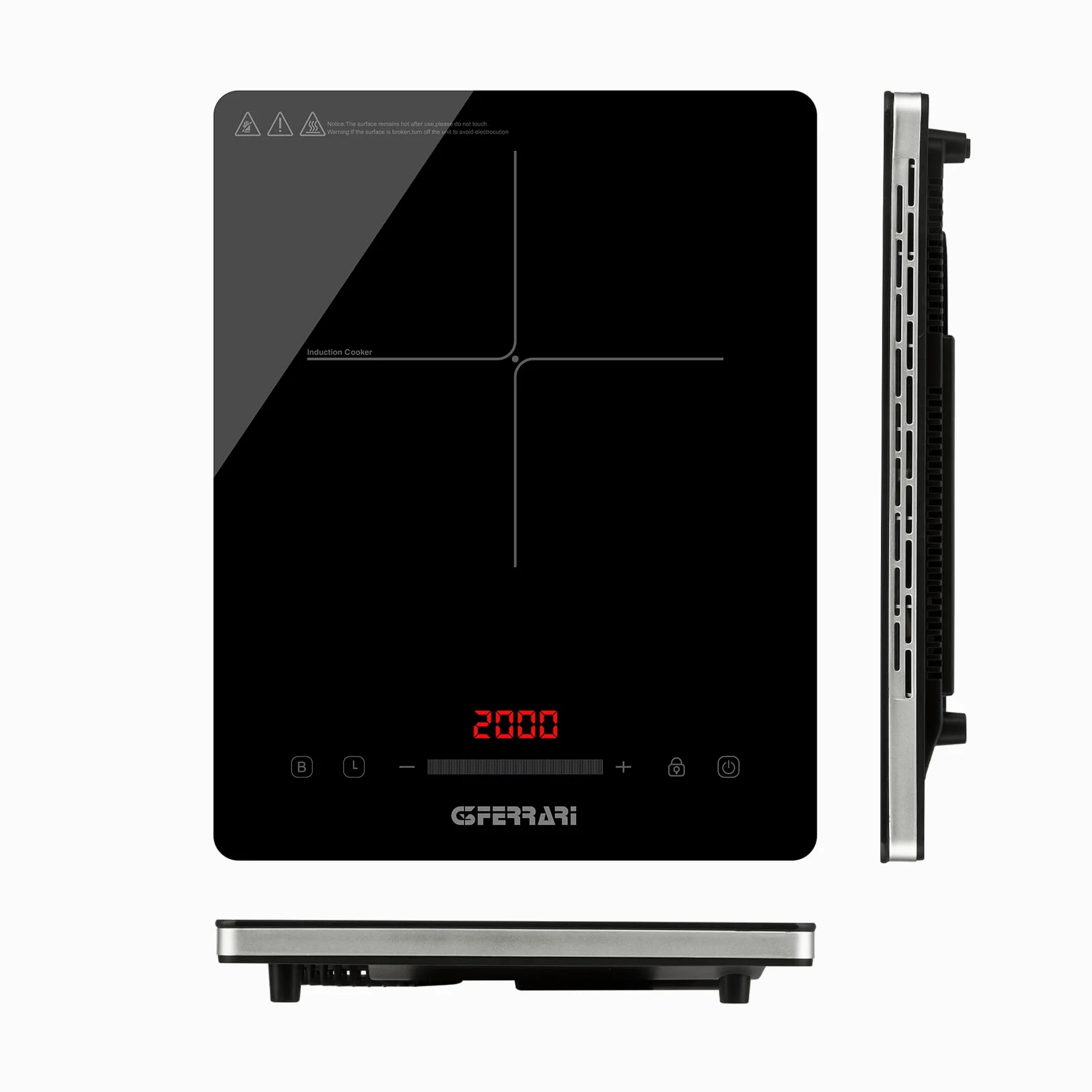 G3 Ferrari G10208 Energiko Plaque à Induction 2000W, Design Ultra-fin, Température Réglable, Minuteur, Affichage Digital, Verrouillage Sécurité, Noir et Gris Argenté