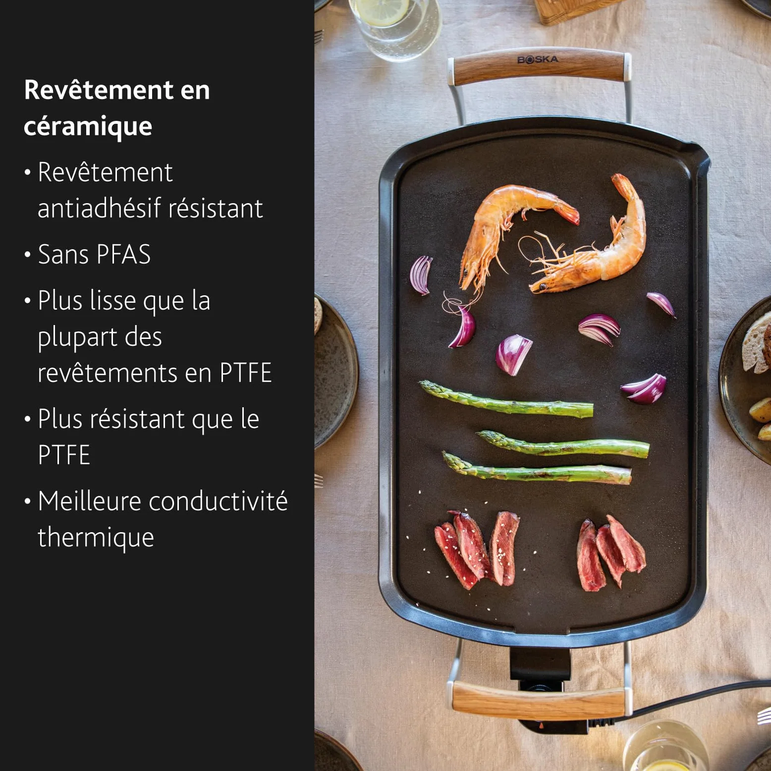 Boska Plancha Électrique Pro – Plaque Teppanyaki 35x56 cm – Revêtement Céramique sans PFAS – Thermostat Réglable – Écoulement des Graisses – Poignées en Chêne – Noir