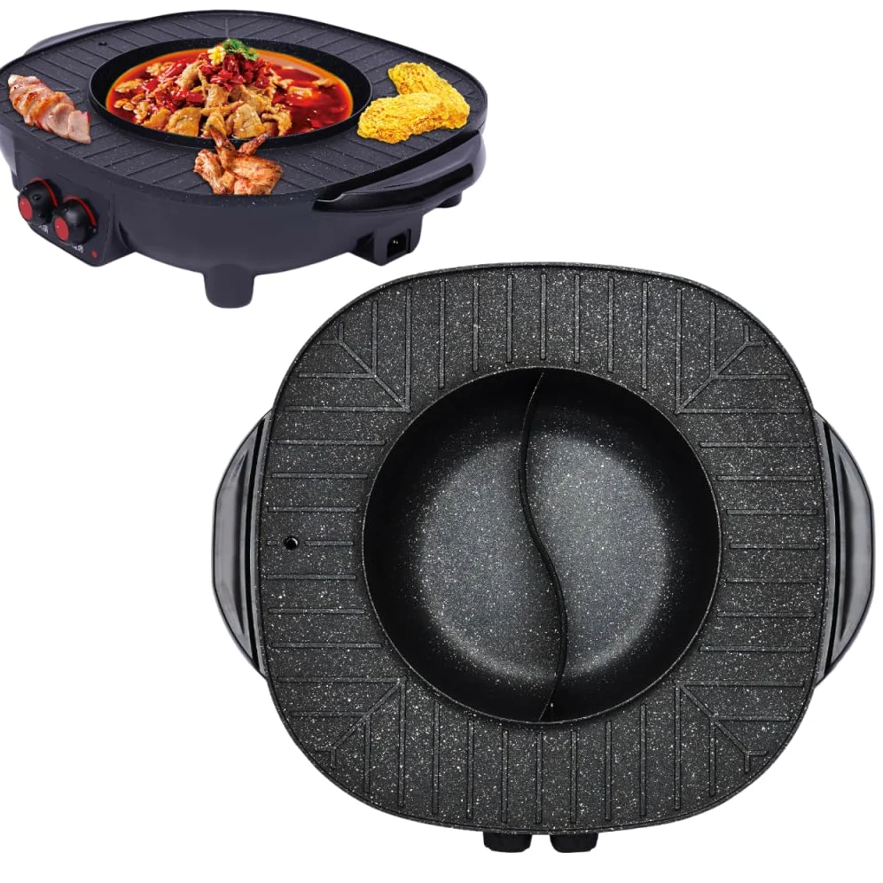 Pot de Fondue Party Food et Gril de Table Électrique Hot Pot et Gril Électrique 2 en 1 - Gril BBQ Coréen Électrique d'Indoor - Barbecue - Fondue - Raclette Pour 5-6 Personnes - 220V - 2000W