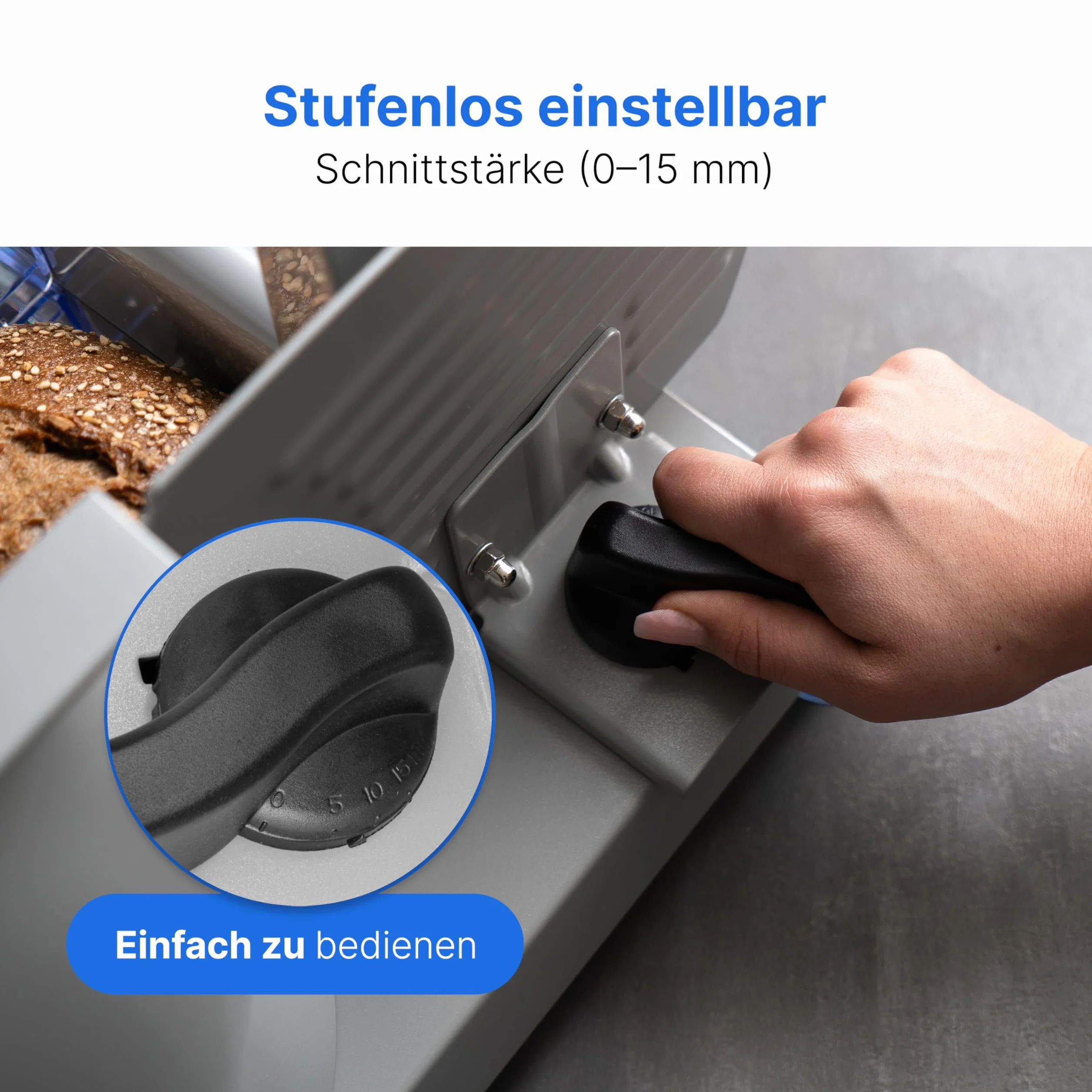 Clatronic Trancheuse universelle avec lame en acier inoxydable Ø 190 mm | Trancheuse à pain électrique | Épaisseur de coupe réglable (0-15 mm) | Trancheuse avec boîtier métallique | 150W | MA 3585