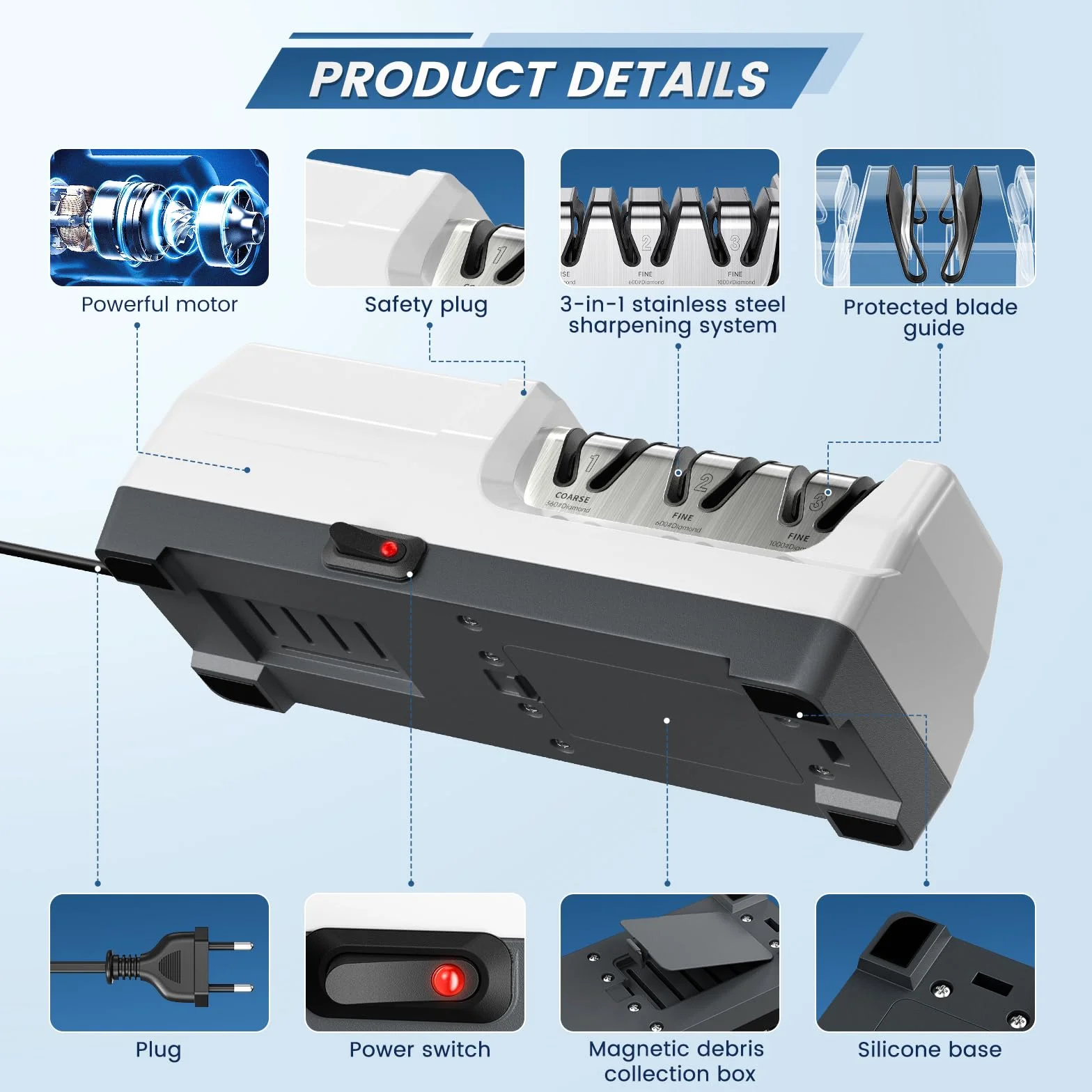 Aiguiseur de Couteaux électrique Professionnel à 3 Niveaux, Disques Diamantés, Protection Contre la Surchauffe, Moteur Silencieux, Affûtage Rapide pour Couteaux de Cuisine