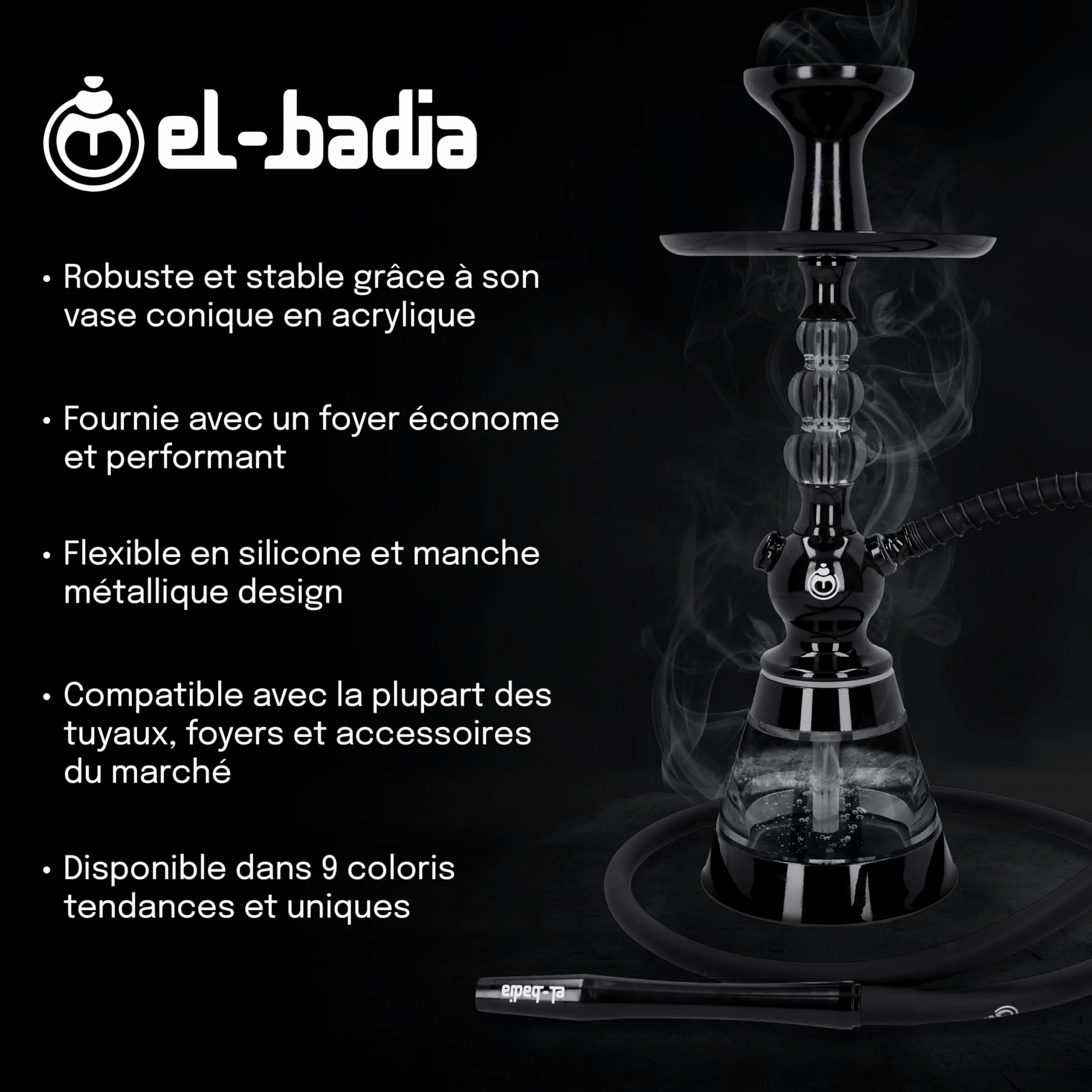 Chicha EL-BADIA® CELESTE – 45 cm – Chicha Légère avec Vase Acrylique, Tuyau Silicone, Manche Métal & Foyer Phunnel – Design Iconique et Couleurs Tendance (Deep Black)