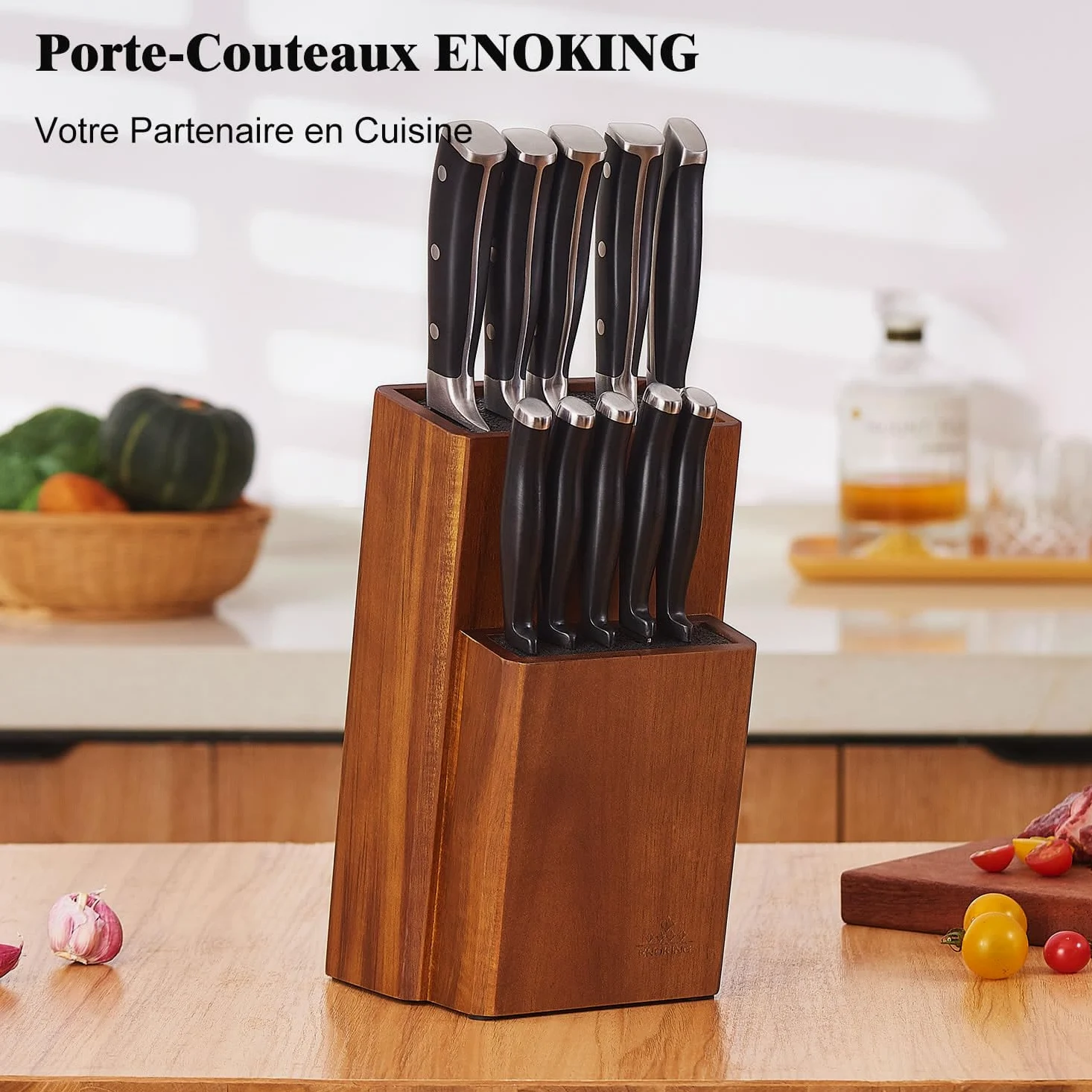ENOKING Bloc Couteaux Cuisine, Porte Couteaux de Cuisine en Bois d'acacia, Range Couteaux de Cuisine avec poils en plastique Amovibles, Universel Support Couteau de Cuisine