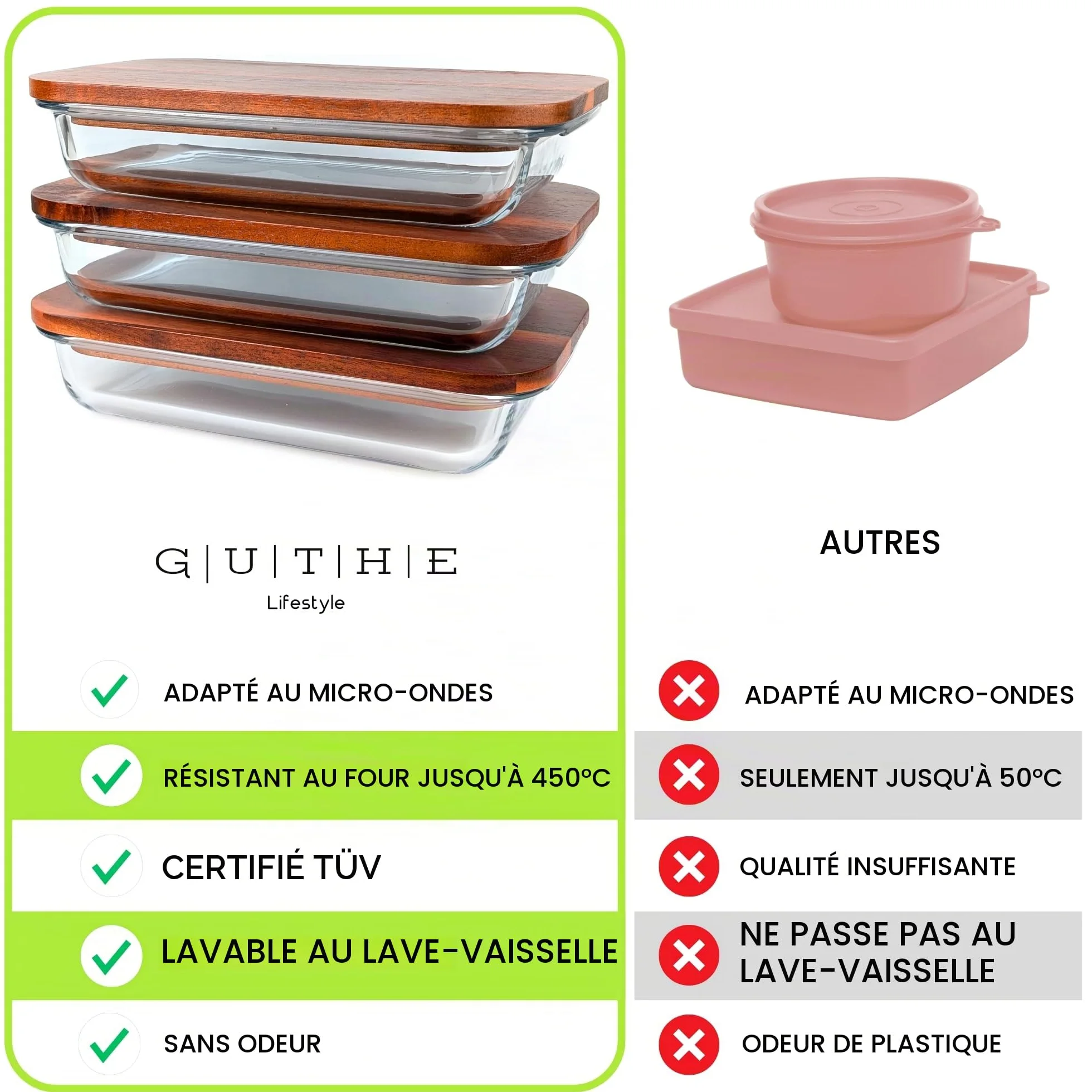 GUTHE Lifestyle Lot de 3 boîtes à charcuterie en verre pour réfrigérateur, empilables, avec couvercle en acacia, plat à gratin et rangement de saucisses et fromage
