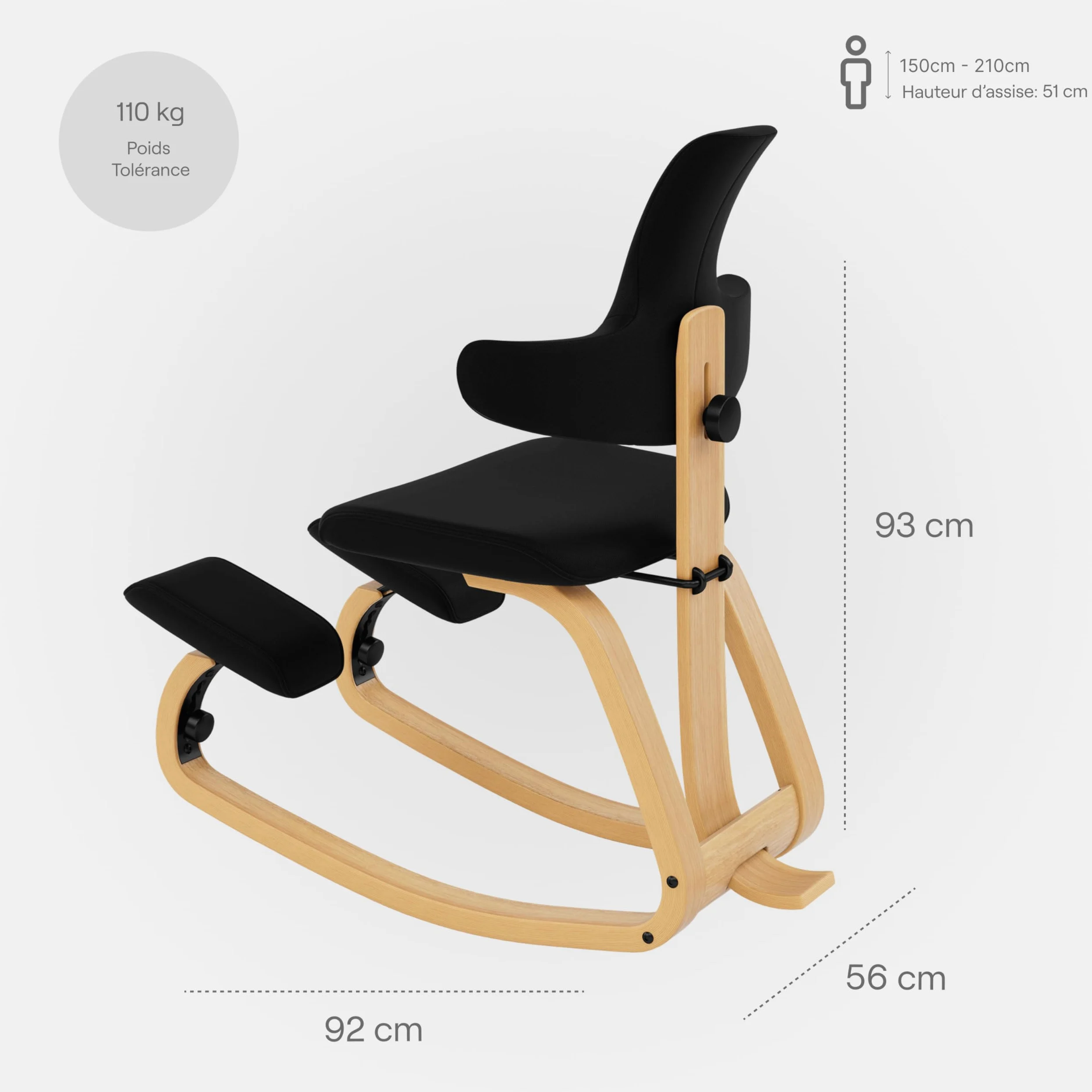 Varier Thatsit Fauteuil genoux ergonomique réglable en hauteur avec dossier et cadre en bois de hêtre pour une assise active Marron/noir