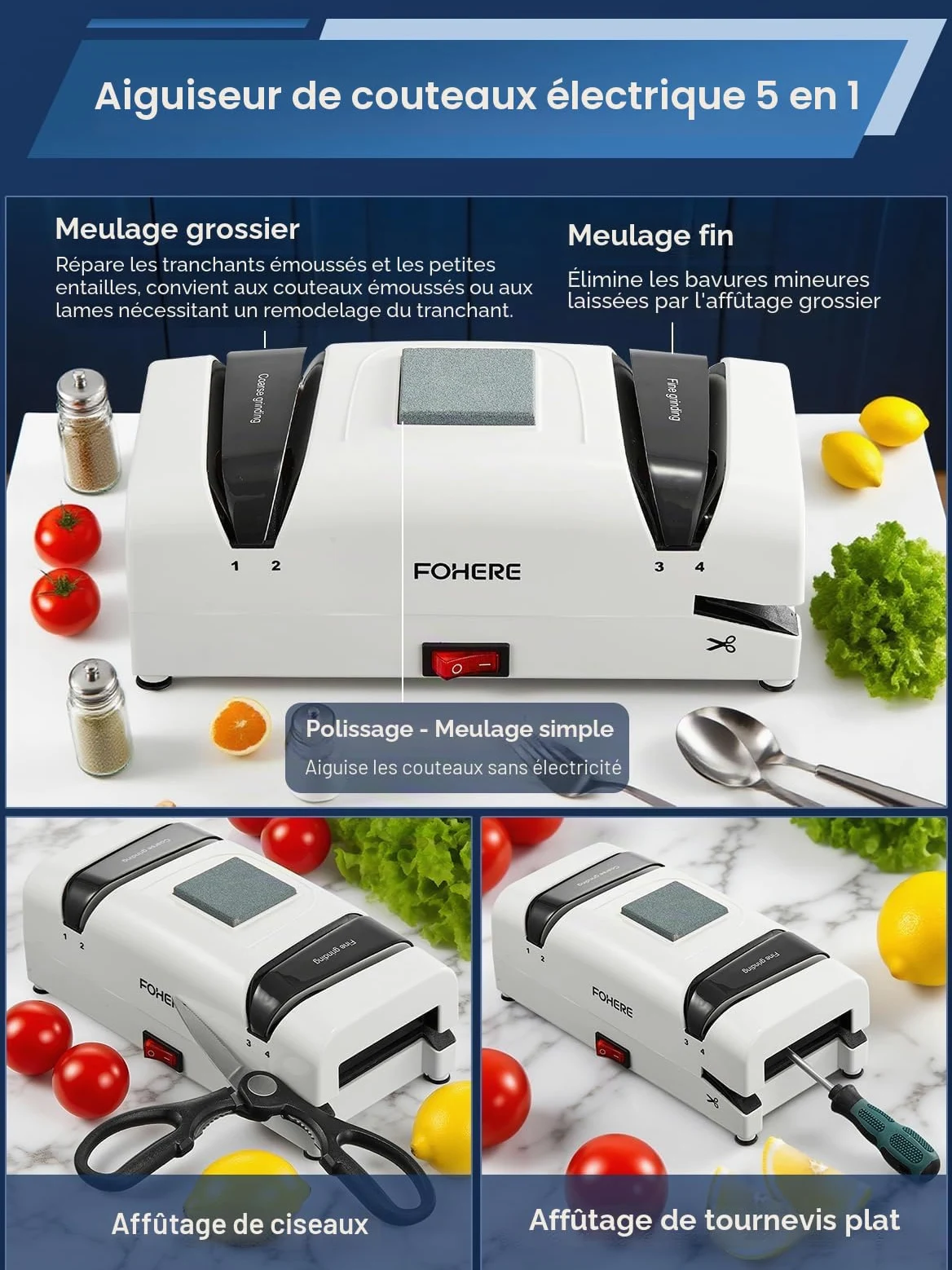 FOHERE Aiguiseur de Couteaux électrique 5 en 1, 2 Récupérateurs de Copeaux Magnétiques, 100% Diamant Abrasif pour Couteaux de Cuisine, Ciseaux et Petit Tournevis à Tête Plate.