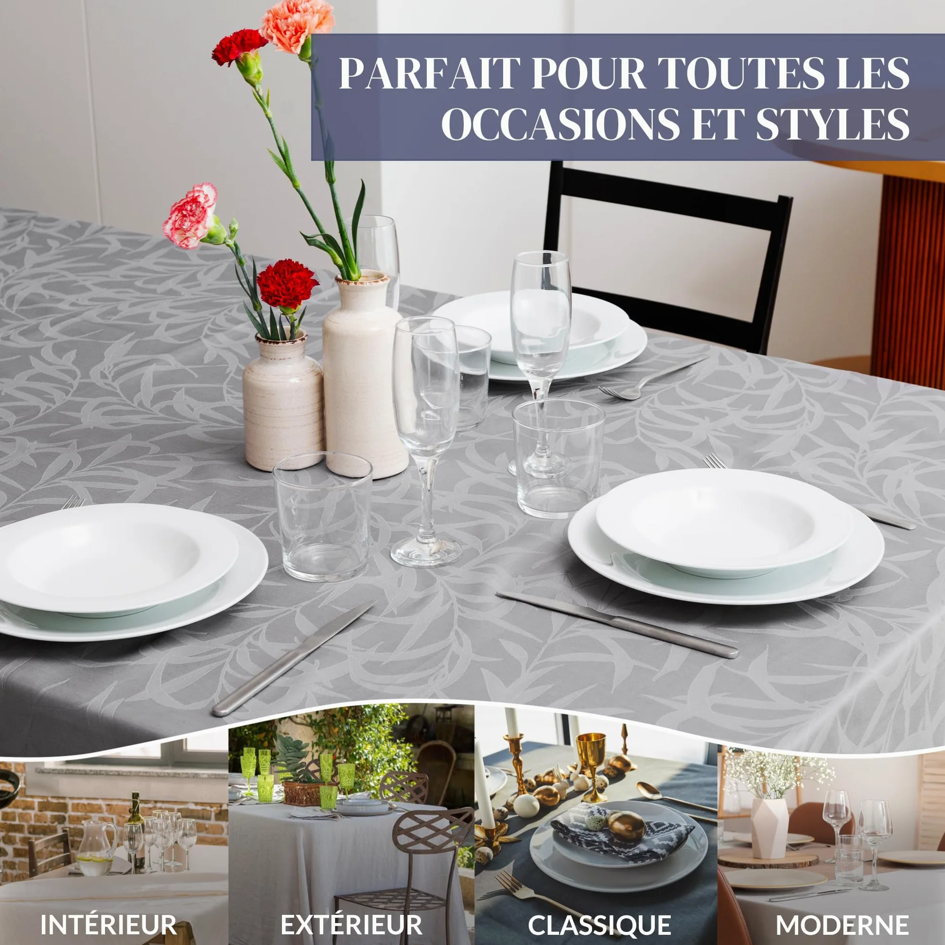 Ferò Nappe Rectangulaire 150x240cm, imperméable, Nappe de Table 100% Coton Pur, Élegant Motif Jacquard, Fabriqué en Italie, Lavable, Nappe Exterieur Impermeable Jardin, Nappe Anti Taches, Gris